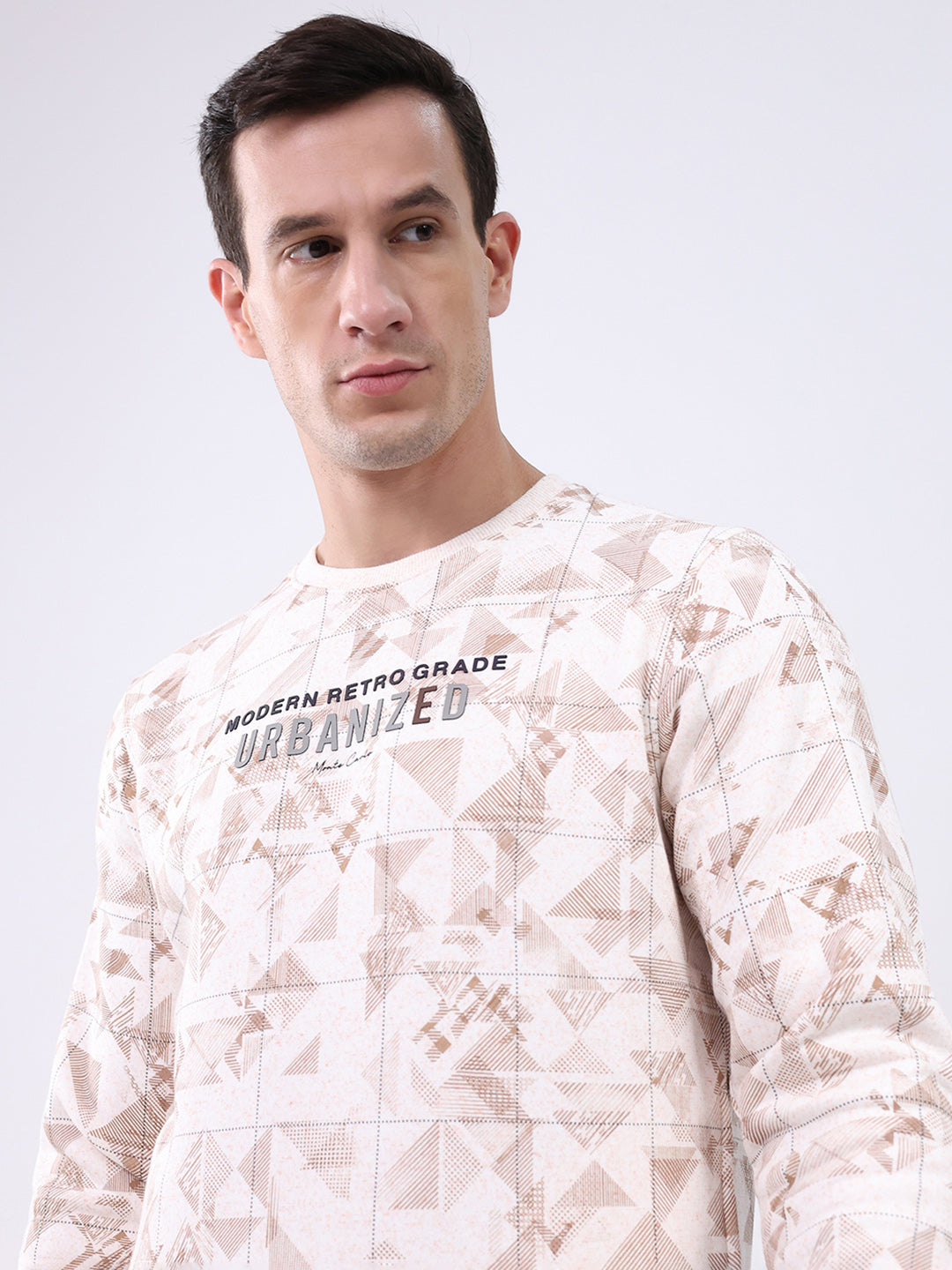 Men Beige Printed Round Neck Full Sleeve Sweatshirt