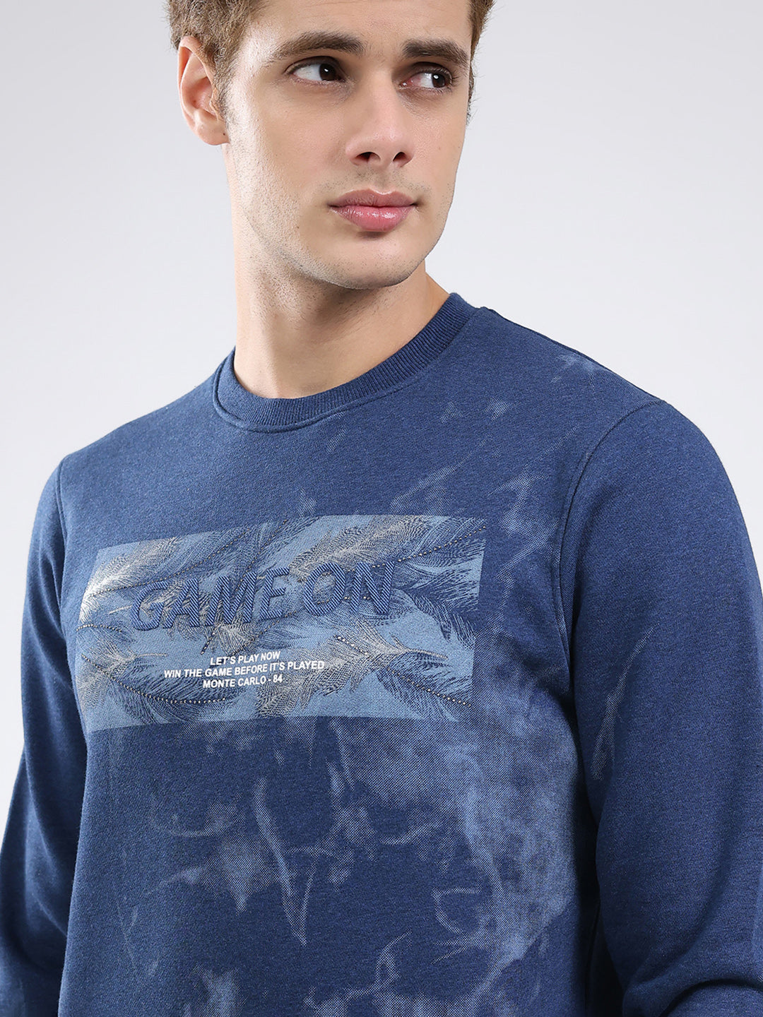 Men Blue Printed Round Neck Full Sleeve Sweatshirt