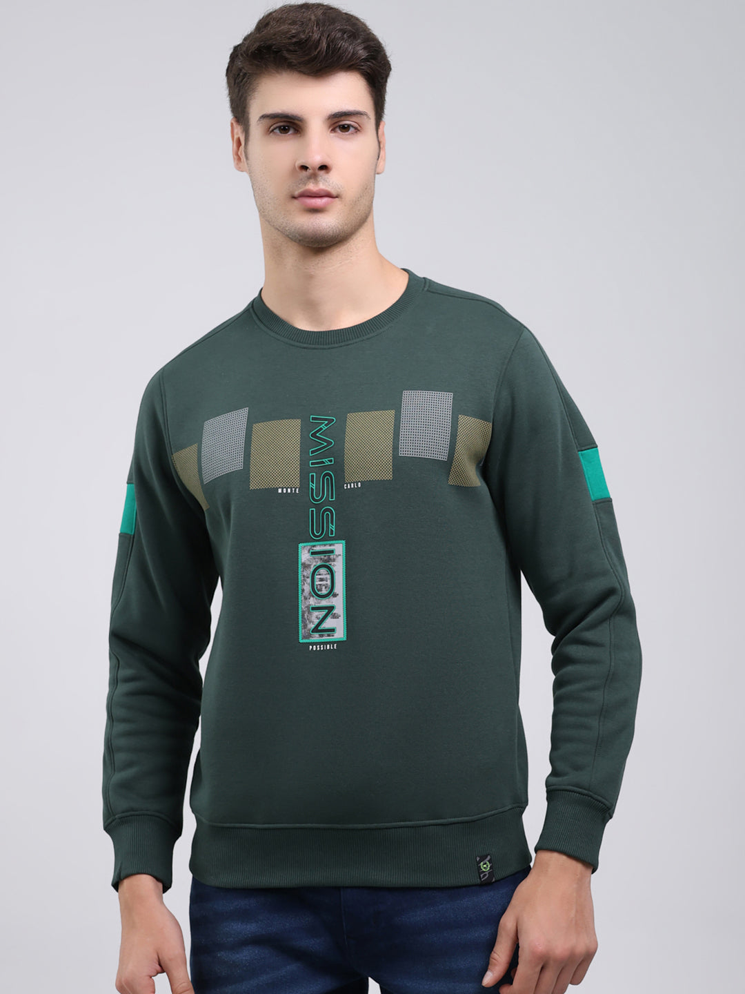 Men Green Printed Round Neck Full Sleeve Sweatshirt