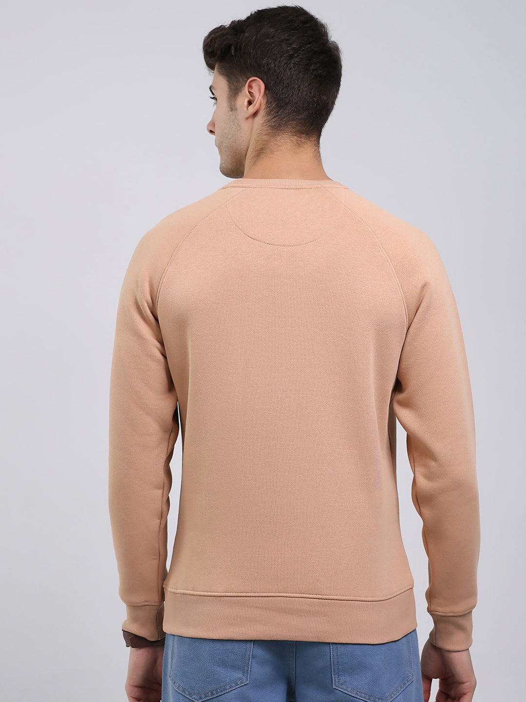 Men Khaki Solid Round Neck Full Sleeve Sweatshirt