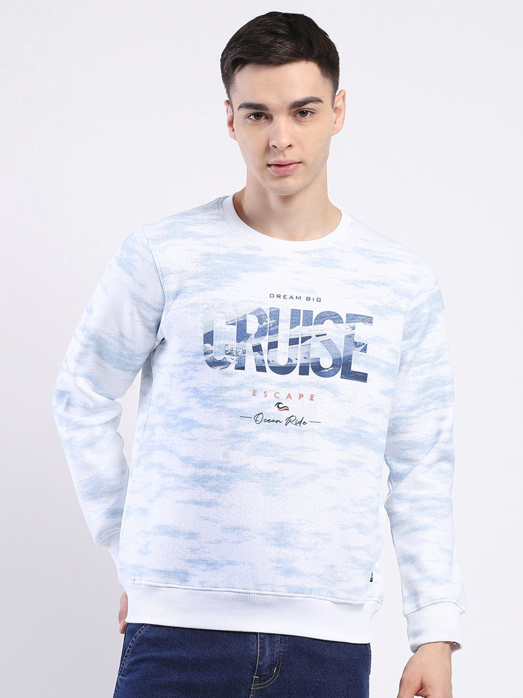 Men White Printed Round Neck Full Sleeve Sweatshirt