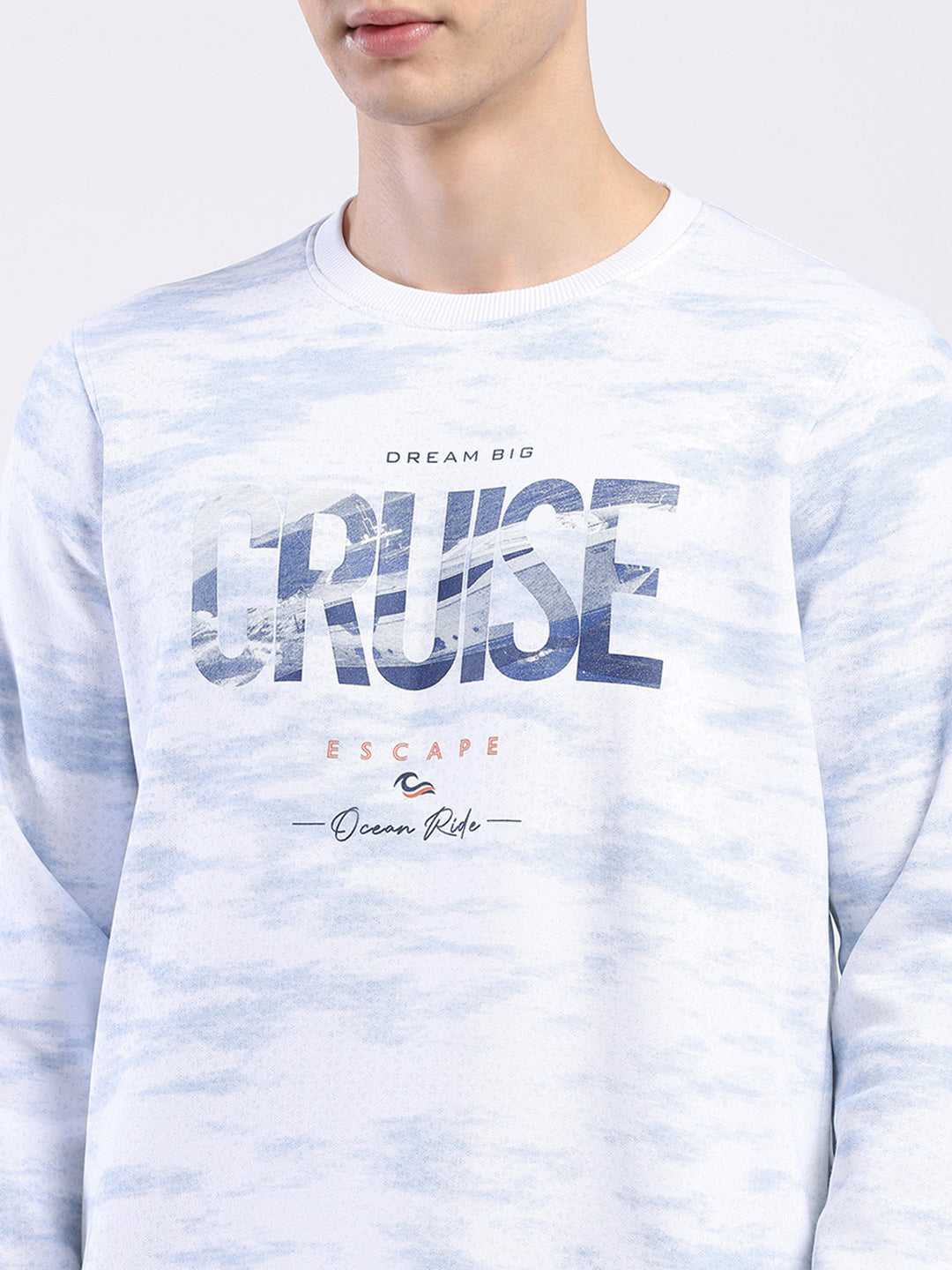 Men White Printed Round Neck Full Sleeve Sweatshirt