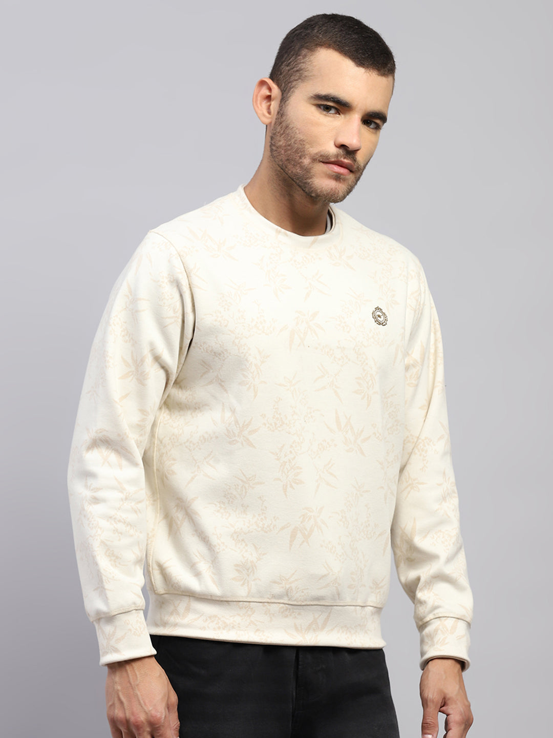 Men Beige Printed Round Neck Full Sleeve Reversible Sweatshirt