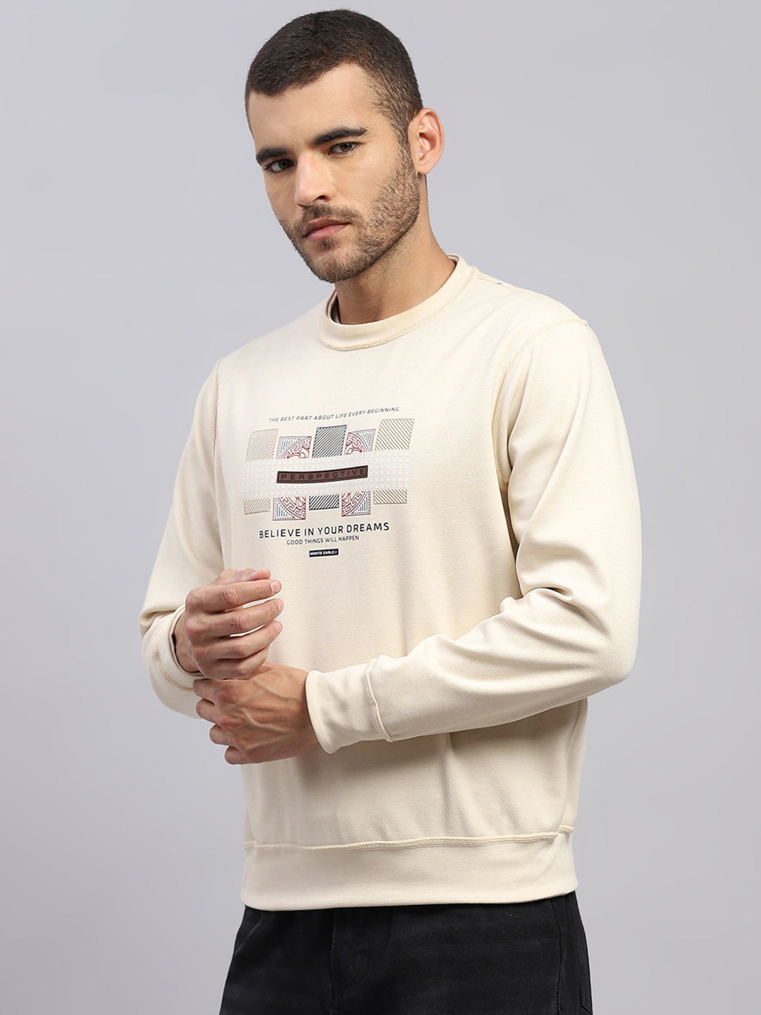 Men Beige Printed Round Neck Full Sleeve Reversible Sweatshirt