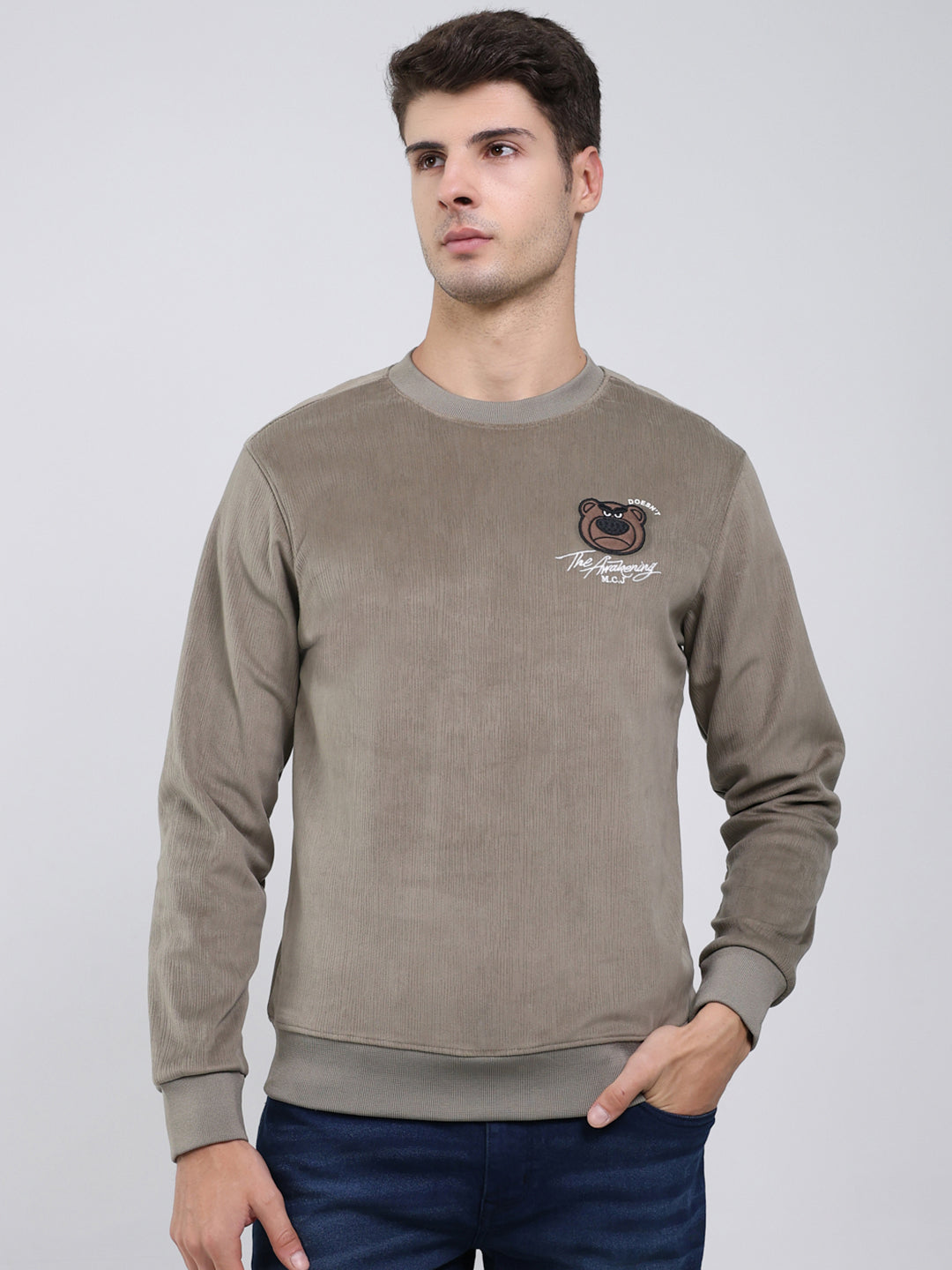 Men Olive Printed Round Neck Full Sleeve Sweatshirt
