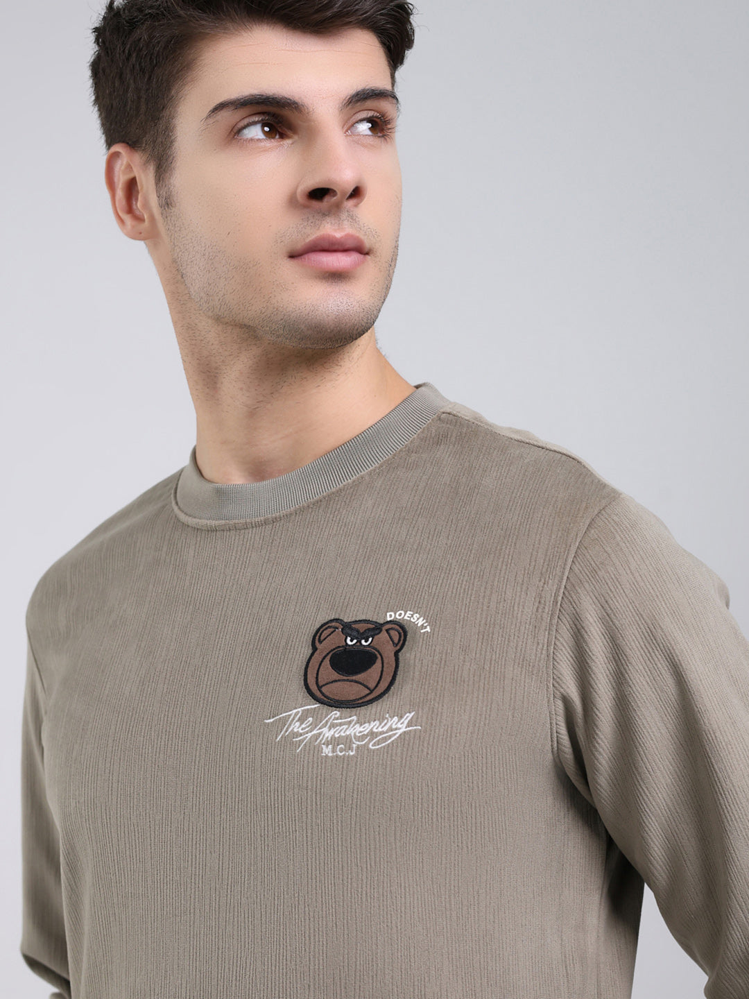 Men Olive Printed Round Neck Full Sleeve Sweatshirt