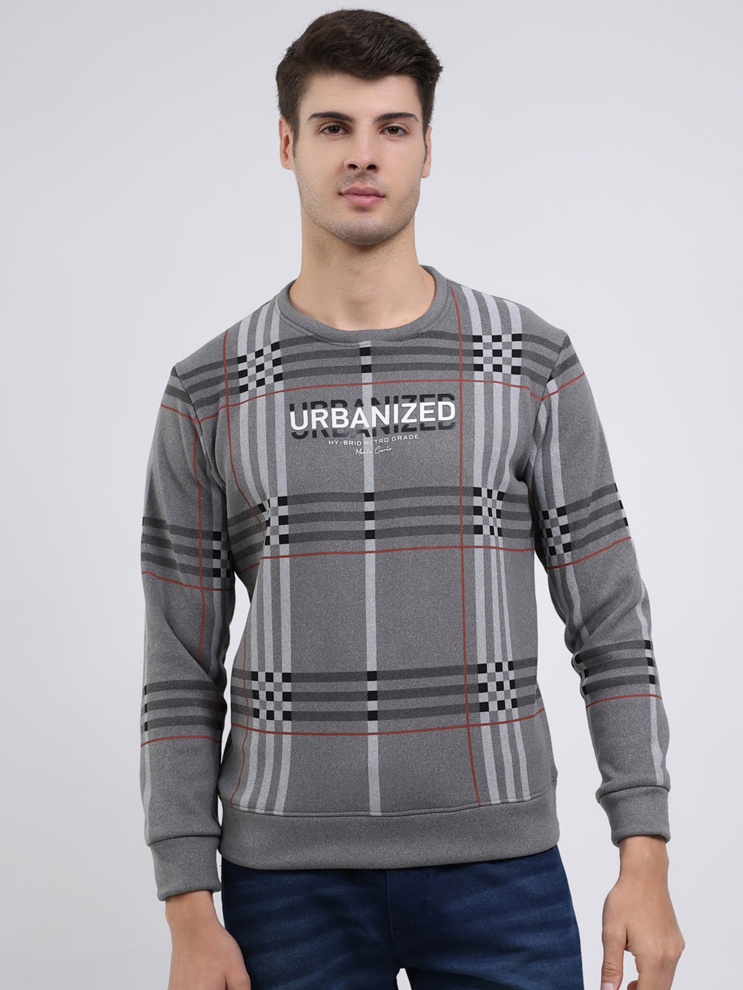 Men Charcoal Printed Round Neck Full Sleeve Sweatshirt