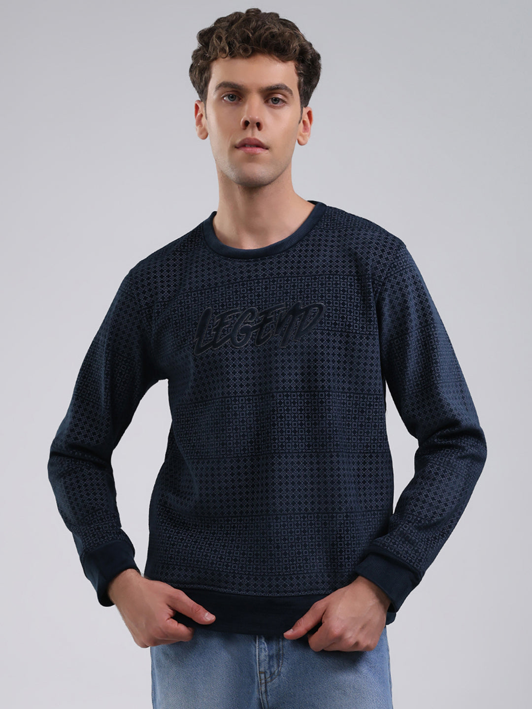 Men Navy Blue Printed Round Neck Full Sleeve Sweatshirt