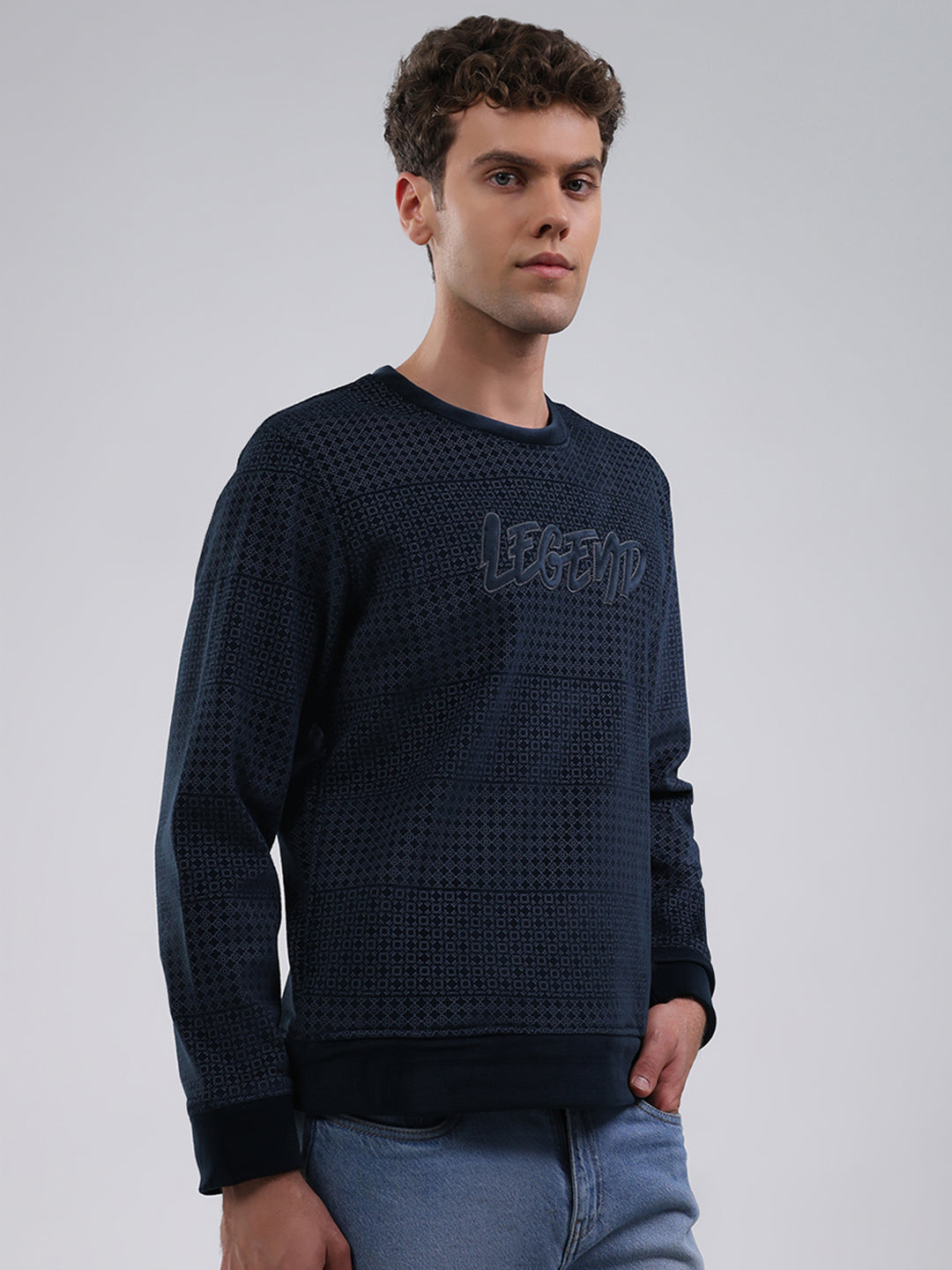 Men Navy Blue Printed Round Neck Full Sleeve Sweatshirt