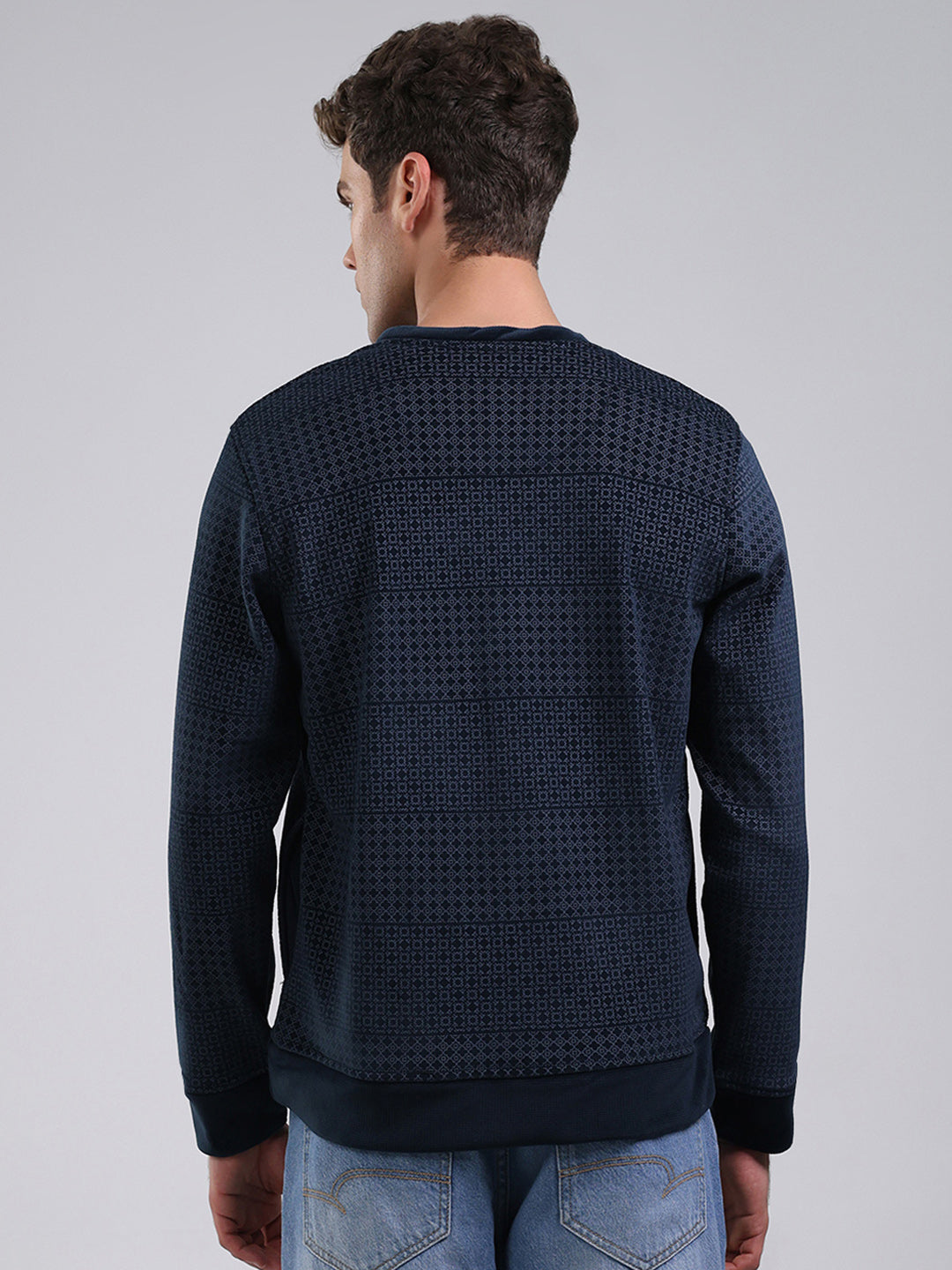 Men Navy Blue Printed Round Neck Full Sleeve Sweatshirt