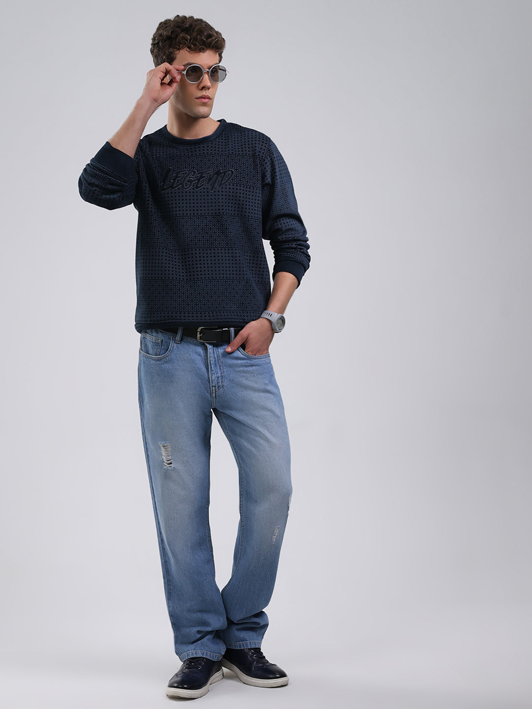 Men Navy Blue Printed Round Neck Full Sleeve Sweatshirt