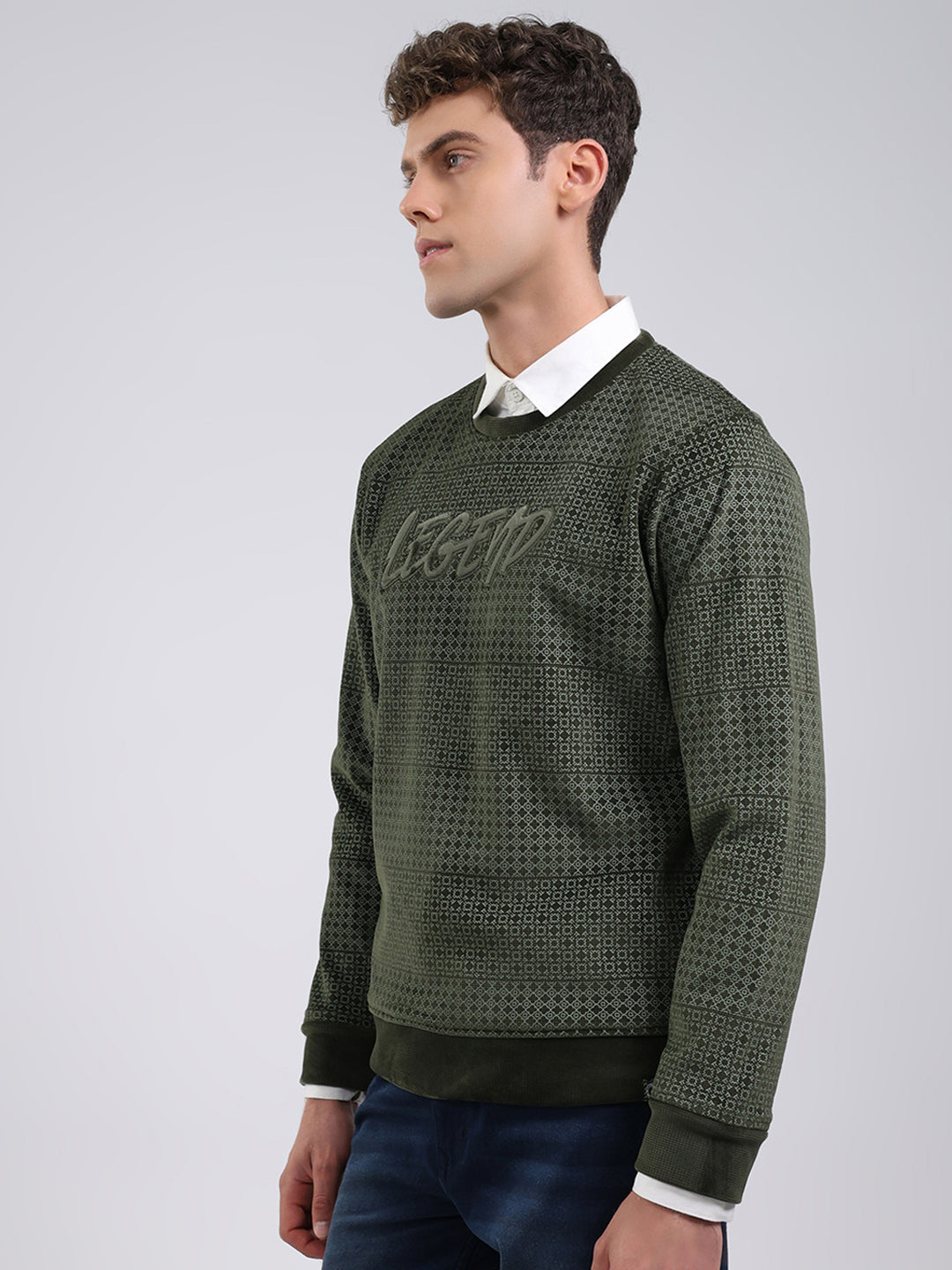 Men Olive Printed Round Neck Full Sleeve Sweatshirt