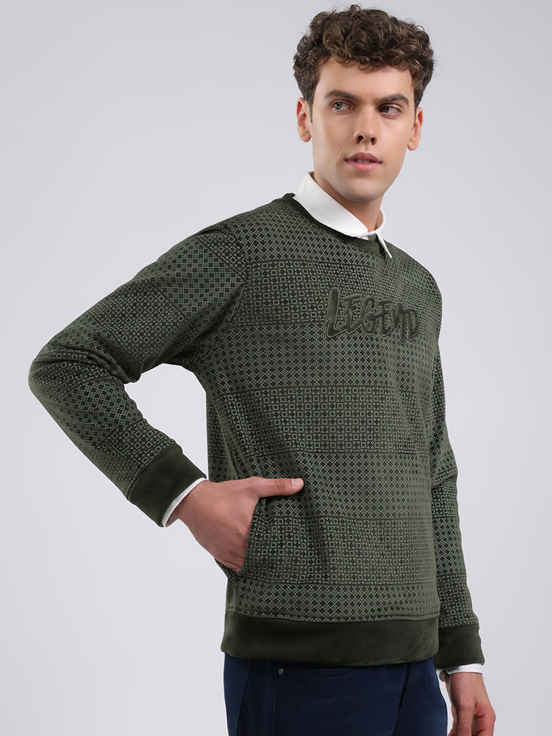 Men Olive Printed Round Neck Full Sleeve Sweatshirt