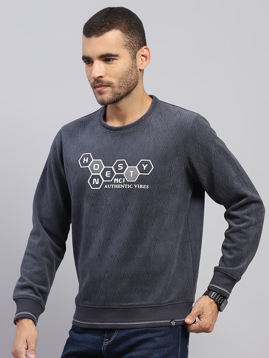 Men Grey Printed Round Neck Full Sleeve Sweatshirt