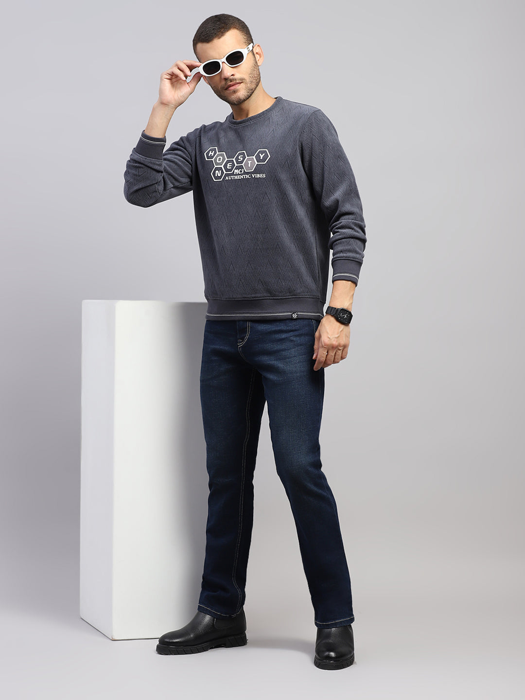 Men Grey Printed Round Neck Full Sleeve Sweatshirt