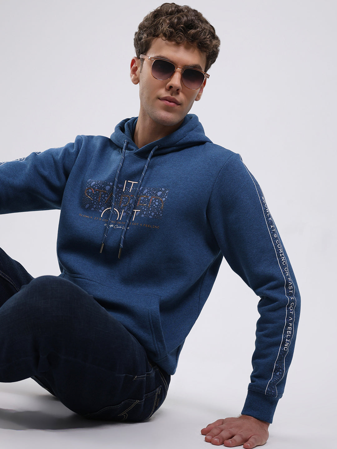 Men Teal Blue Solid Hooded Full Sleeve Sweatshirt