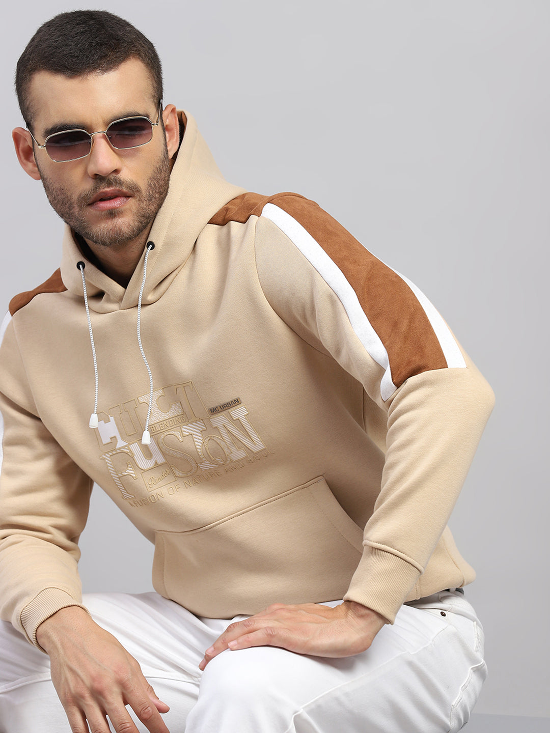 Men Beige Solid Hooded Full Sleeve Sweatshirt