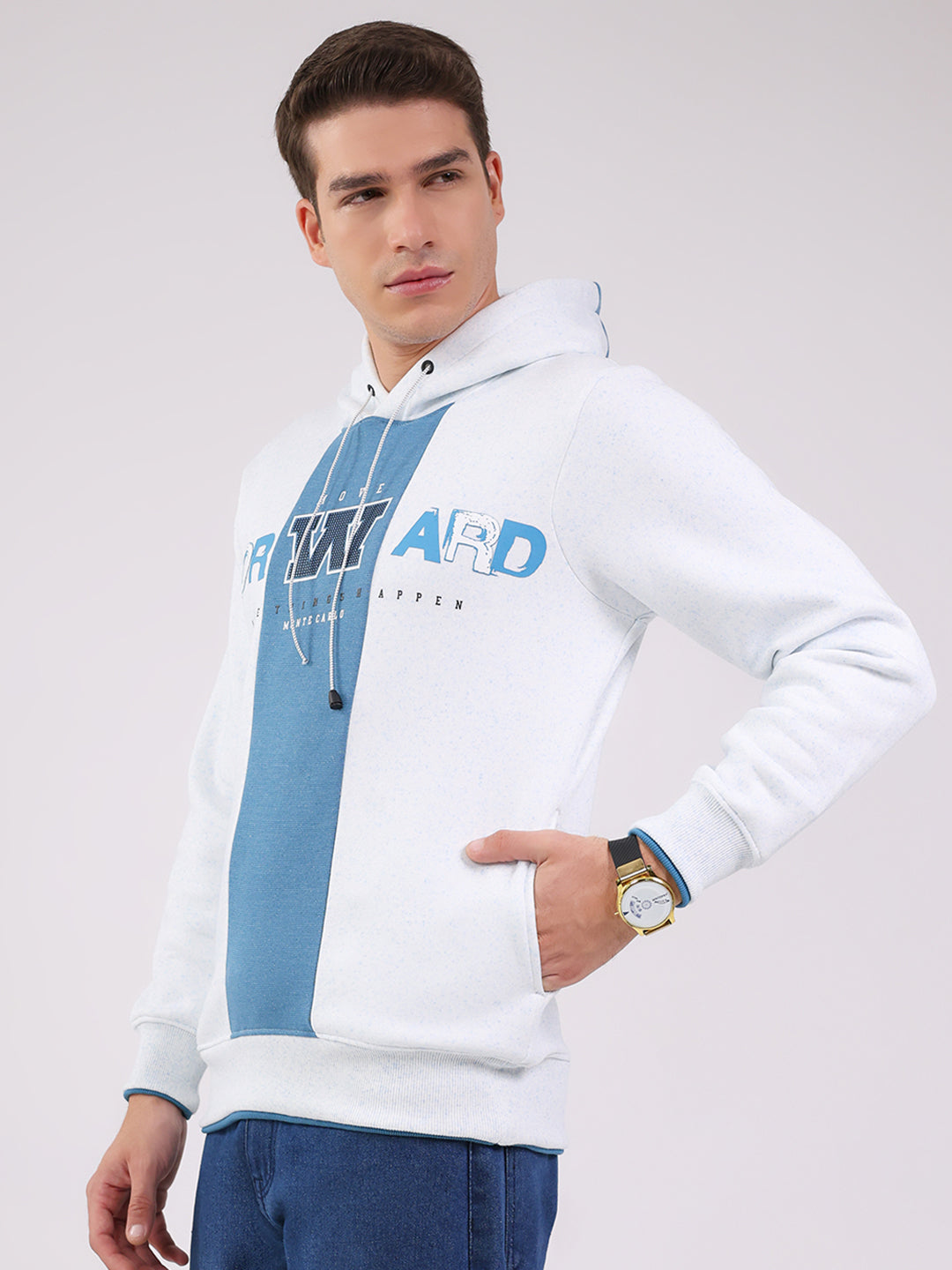 Men Blue Printed Hooded Full Sleeve Sweatshirt