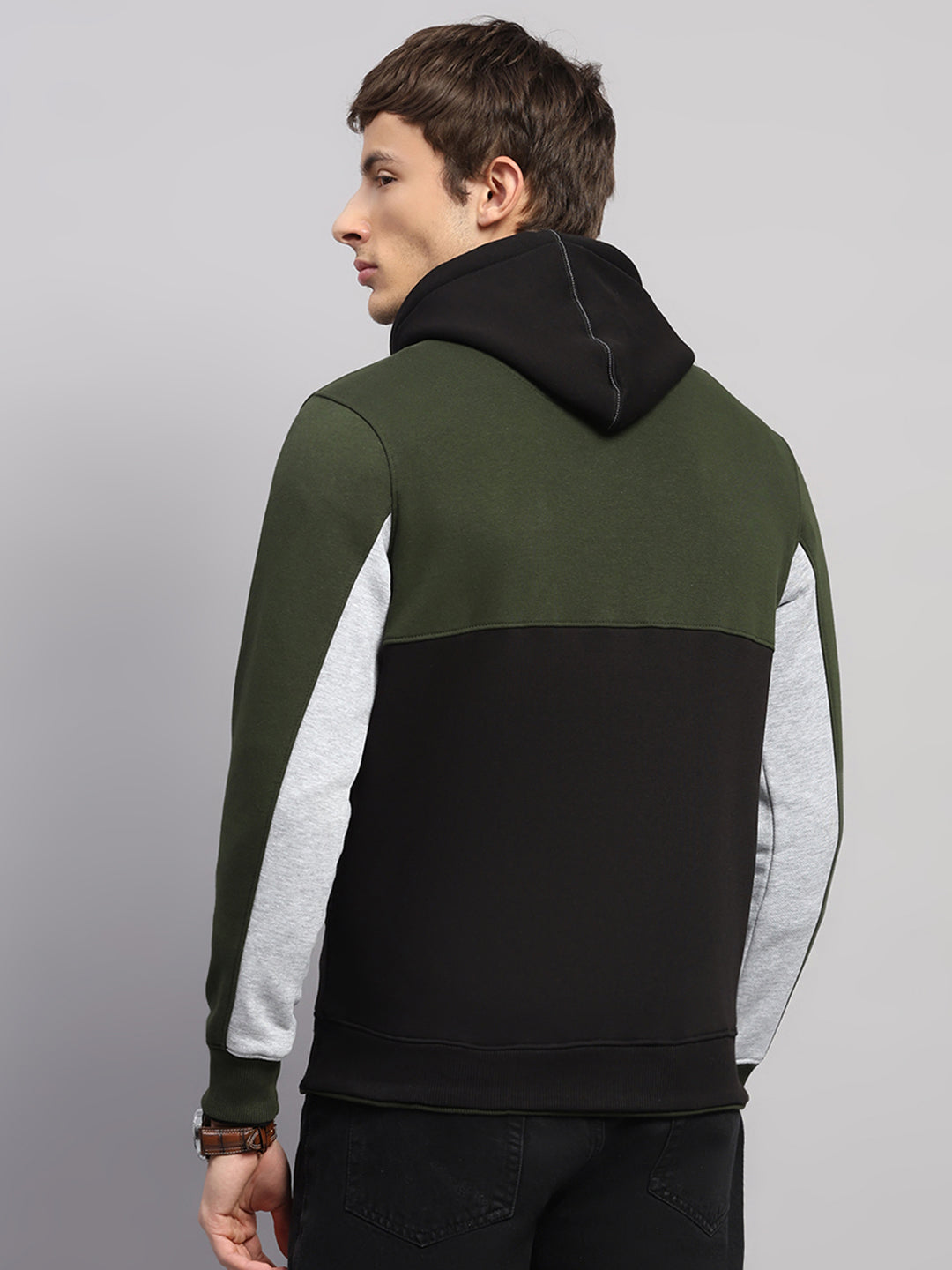 Men Olive Solid Hooded Full Sleeve Sweatshirt