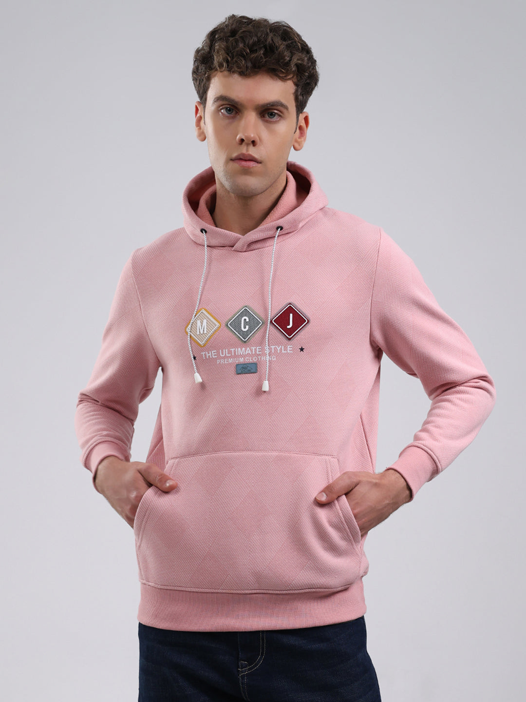 Men Peach Solid Hooded Full Sleeve Sweatshirt