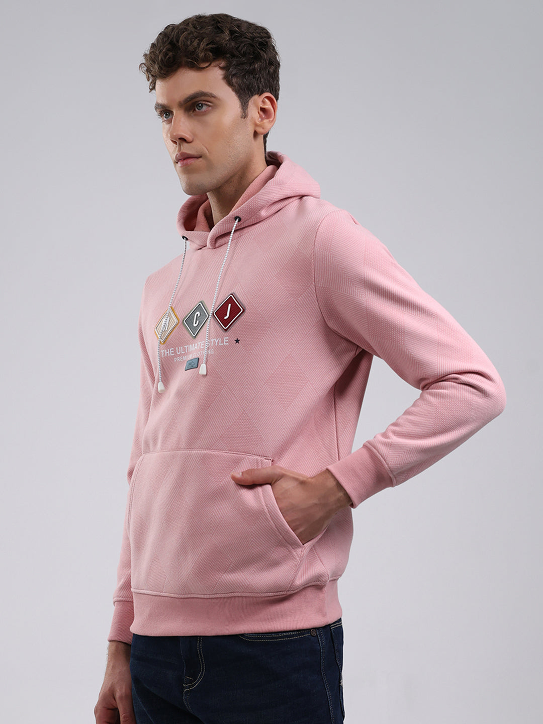 Men Peach Solid Hooded Full Sleeve Sweatshirt