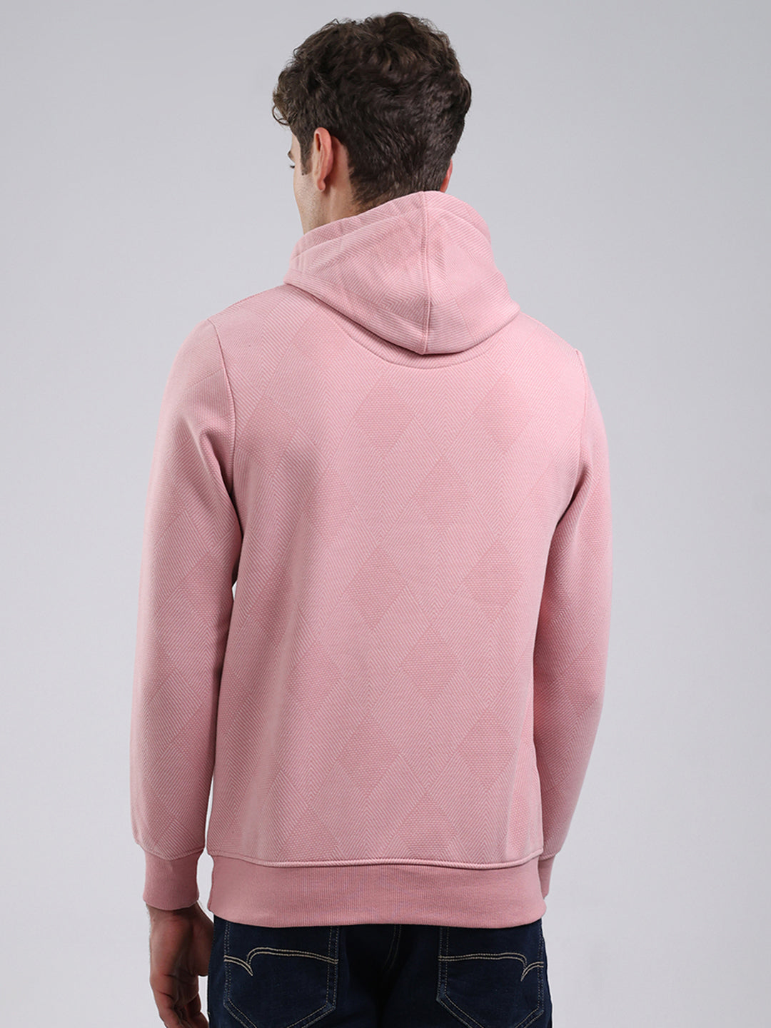 Men Peach Solid Hooded Full Sleeve Sweatshirt