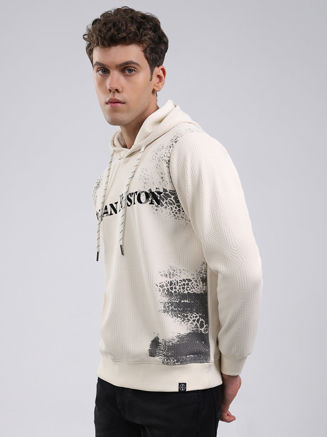 Men Off White Solid Hooded Full Sleeve Sweatshirt