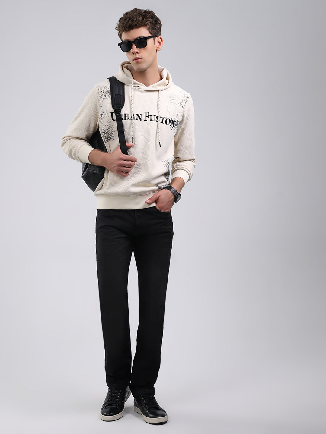 Men Off White Solid Hooded Full Sleeve Sweatshirt