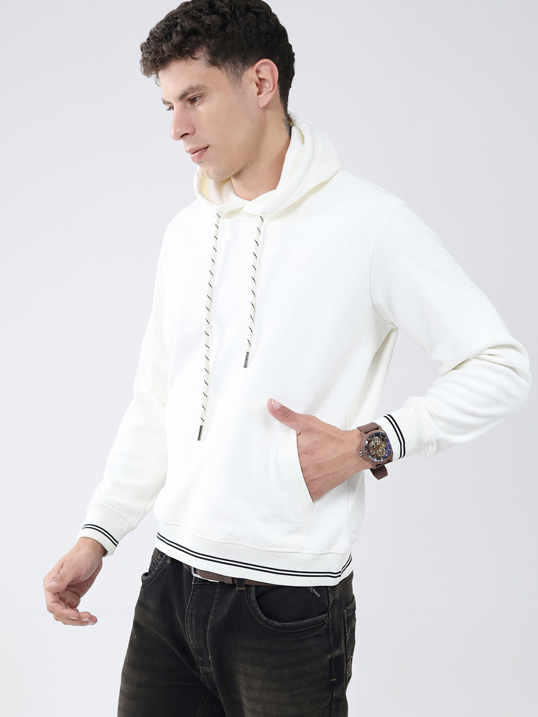 Men White Solid Hooded Full Sleeve Sweatshirt