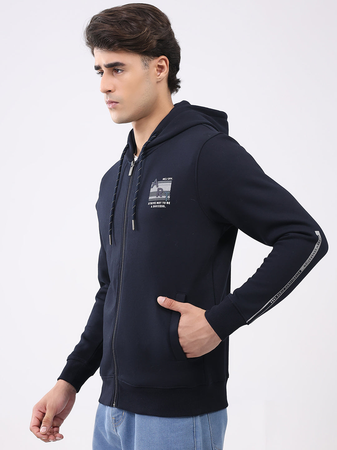 Men Navy Blue Solid Hooded Full Sleeve Sweatshirt