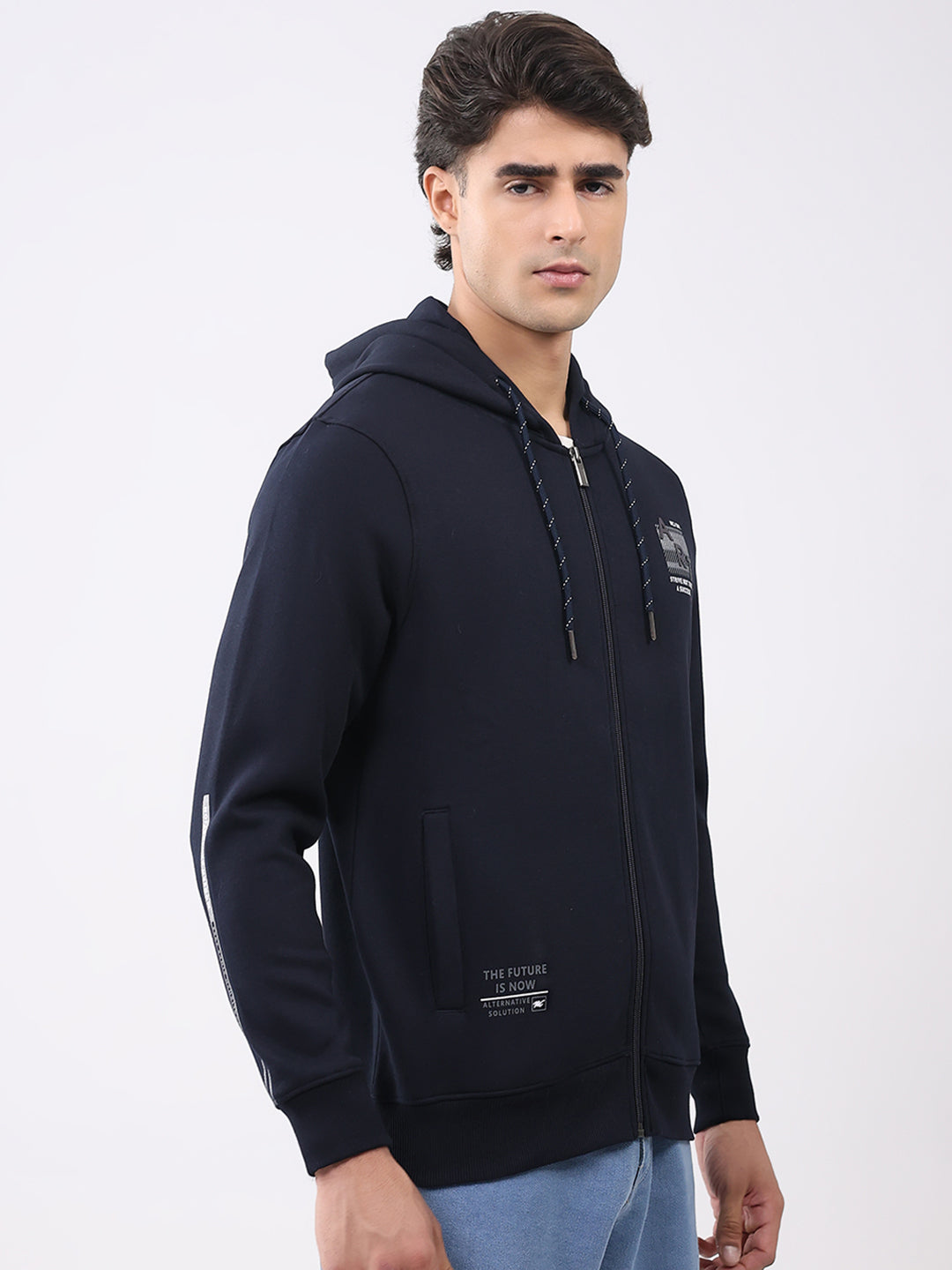 Men Navy Blue Solid Hooded Full Sleeve Sweatshirt