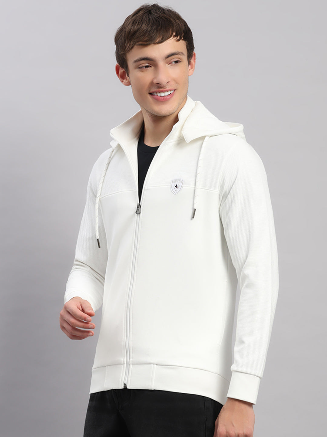 Men Off White Solid Hooded Full Sleeve Sweatshirt