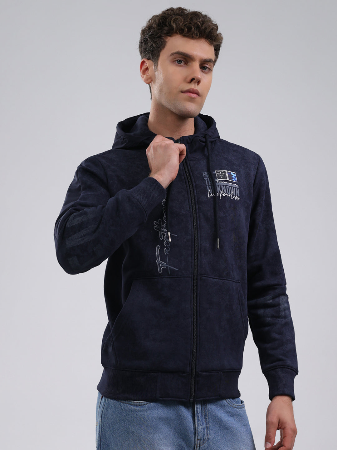 Men Navy Blue Printed Hooded Full Sleeve Sweatshirt