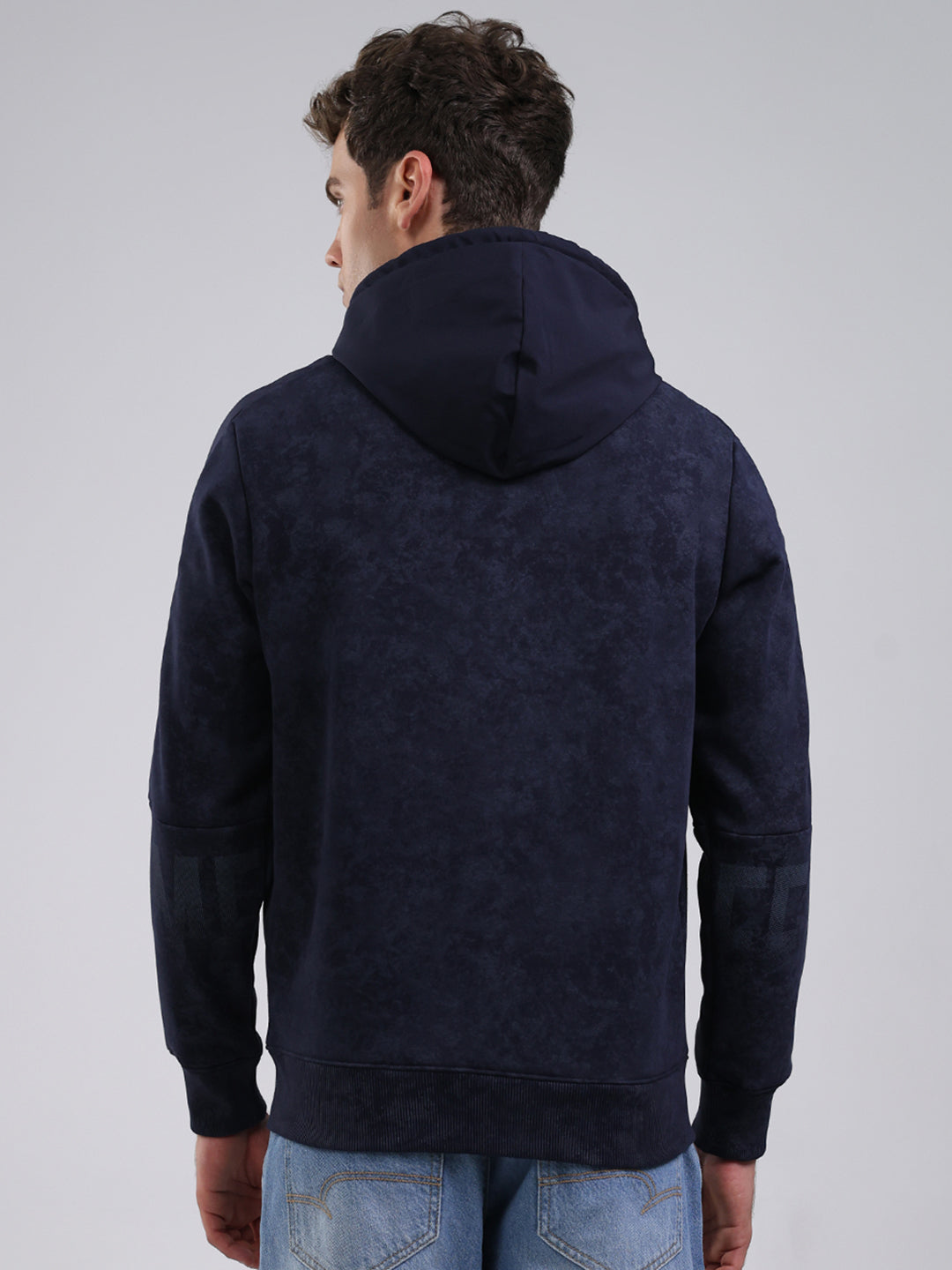 Men Navy Blue Printed Hooded Full Sleeve Sweatshirt
