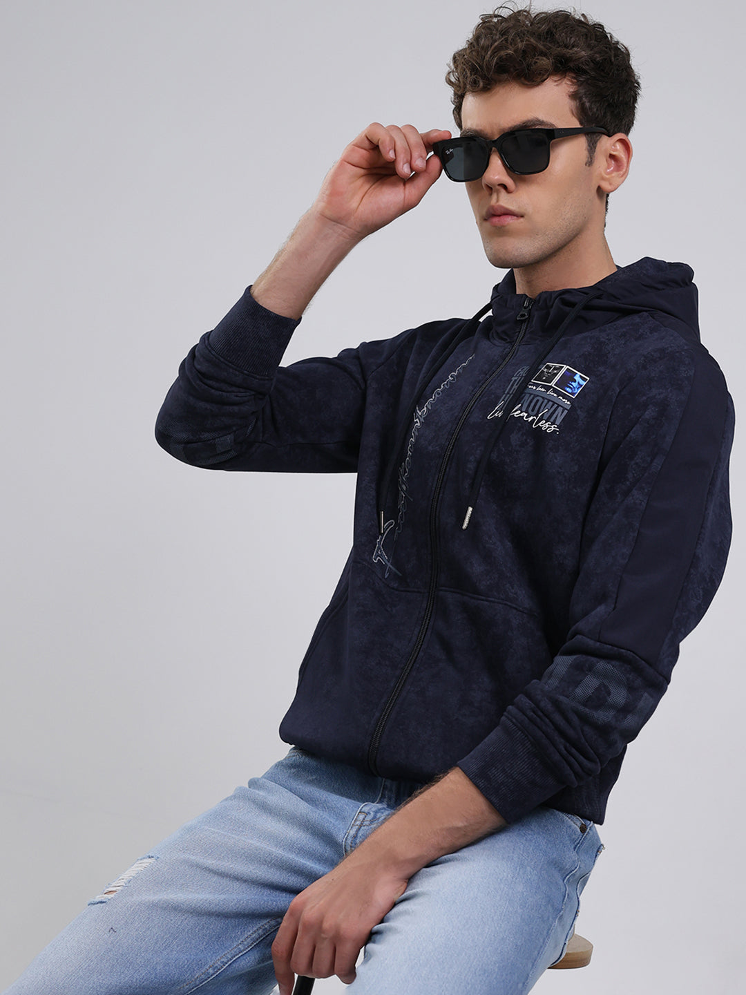Men Navy Blue Printed Hooded Full Sleeve Sweatshirt