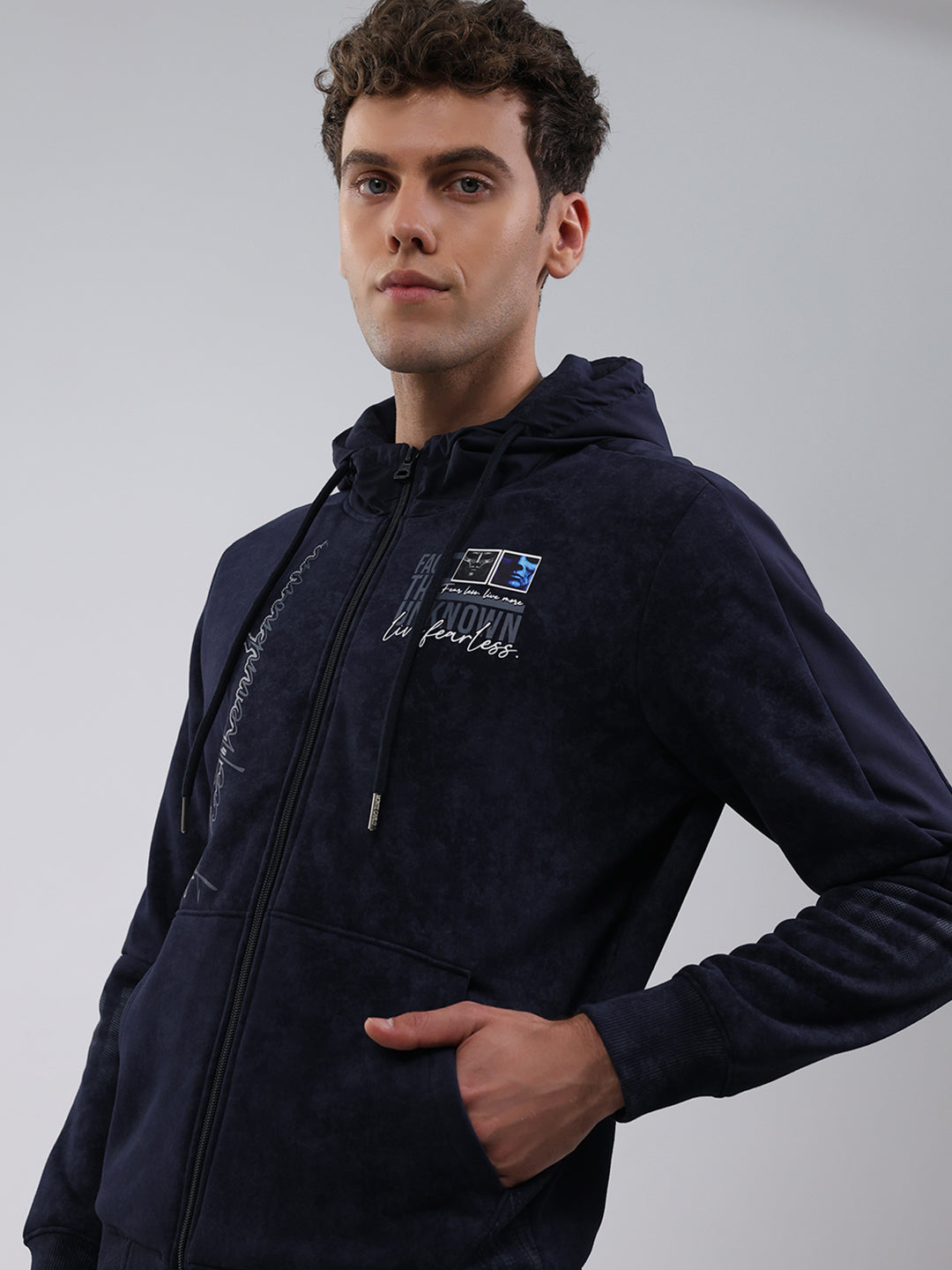 Men Navy Blue Printed Hooded Full Sleeve Sweatshirt