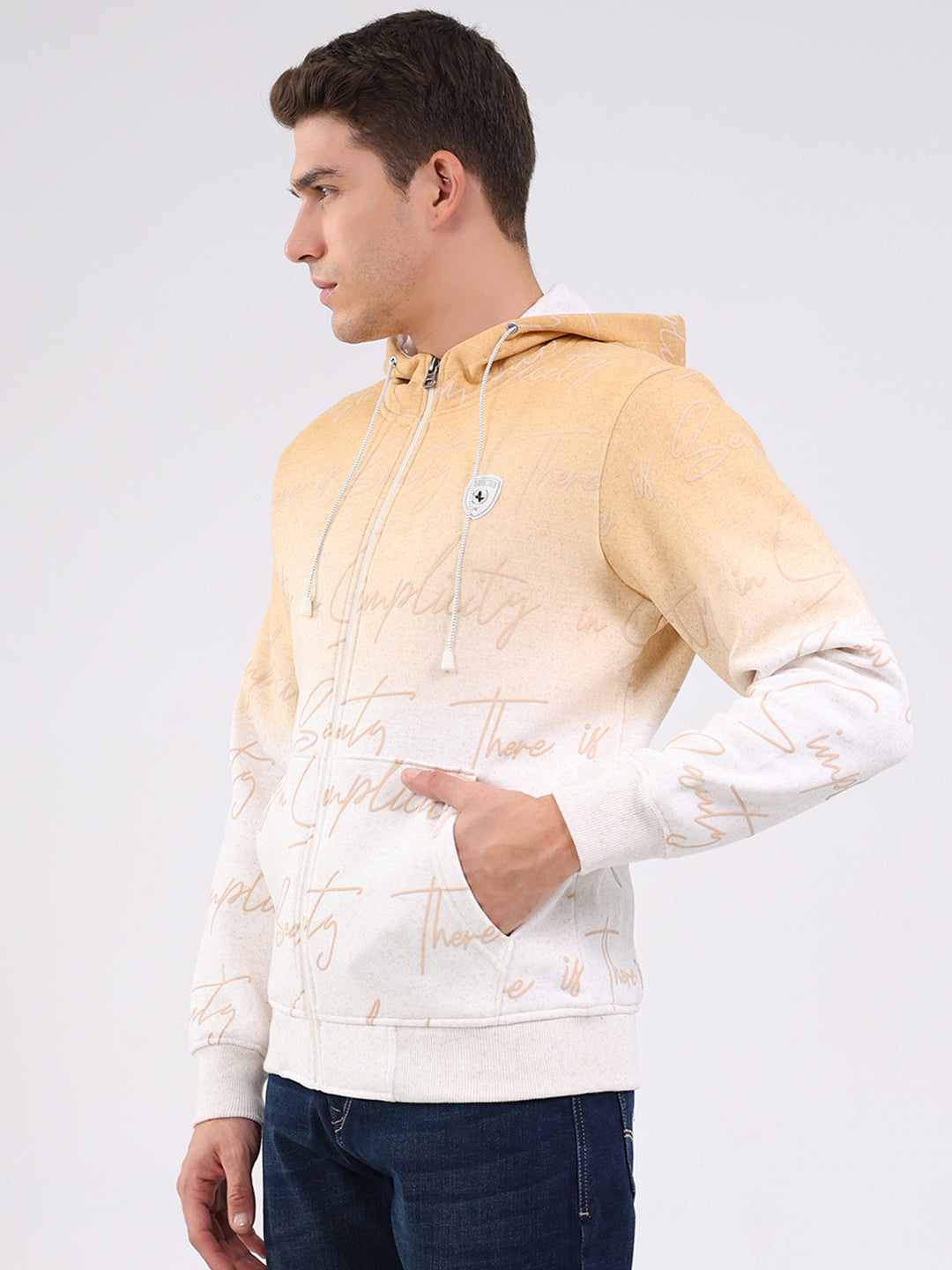 Men Beige Printed Hooded Full Sleeve Sweatshirt