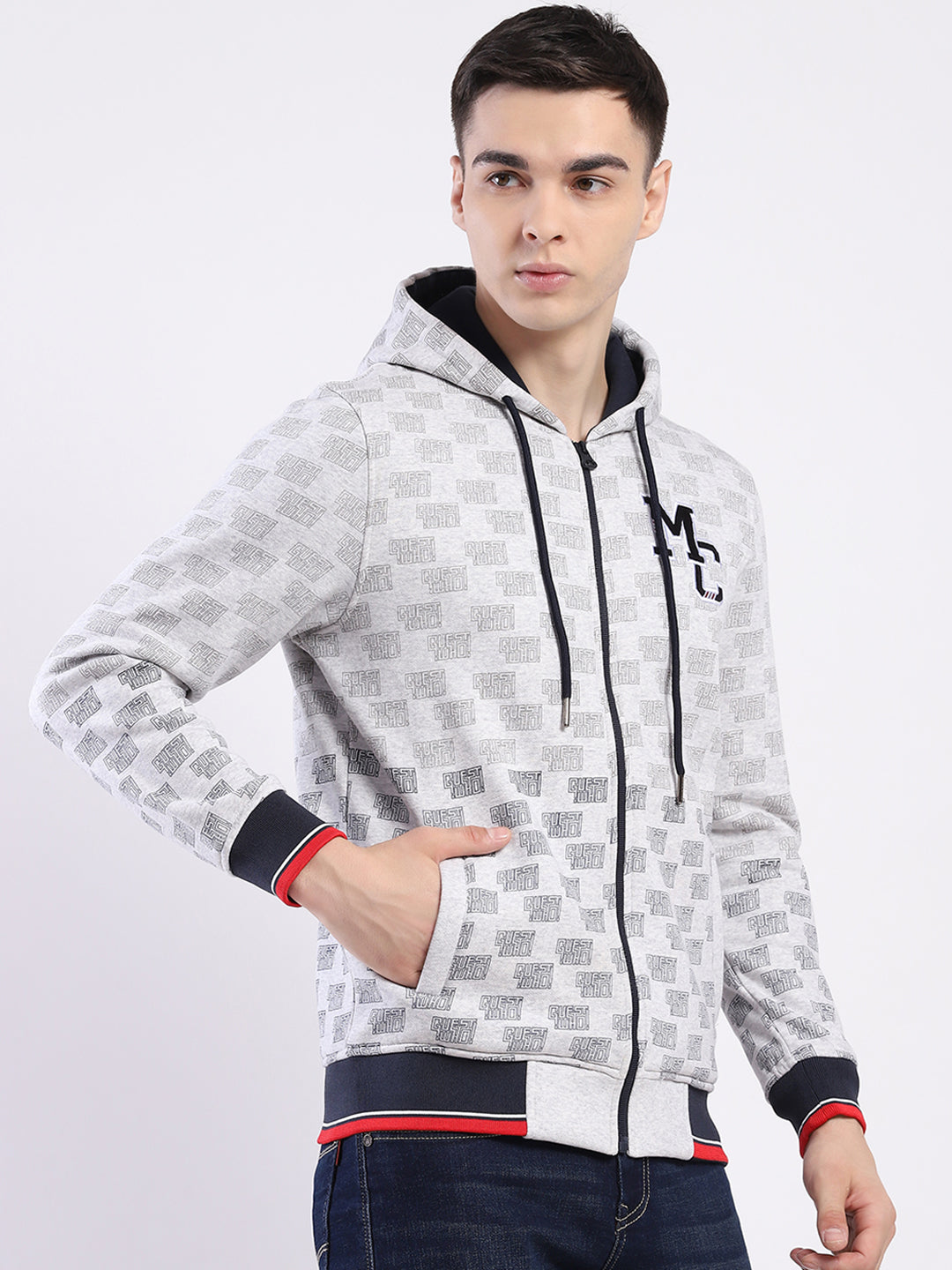 Men Grey Printed Hooded Full Sleeve Sweatshirt