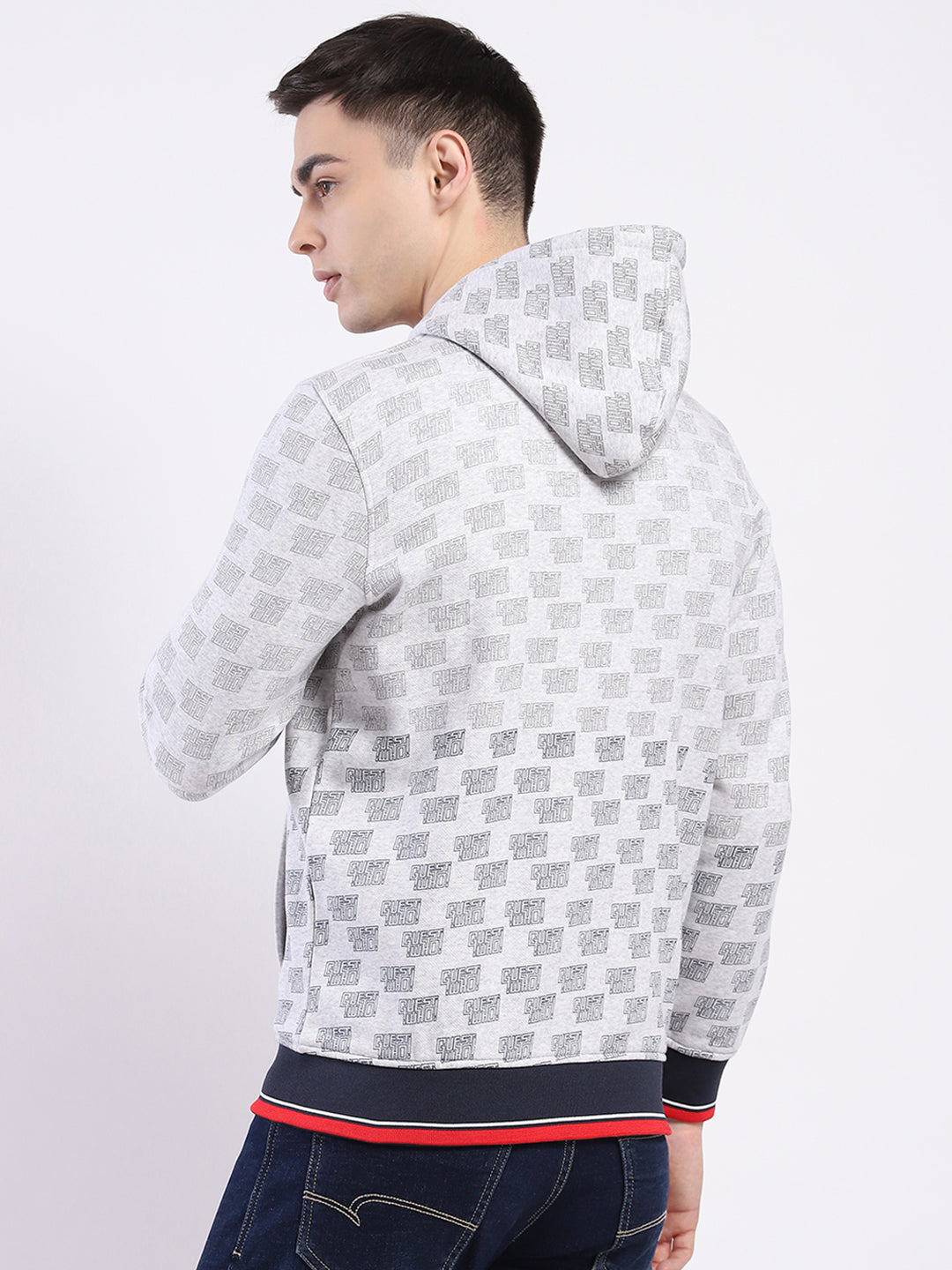 Men Grey Printed Hooded Full Sleeve Sweatshirt