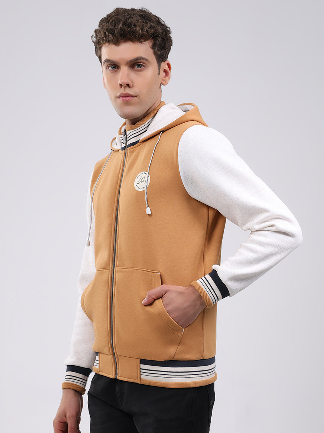 Men Tan Embroidered Hooded Full Sleeve Sweatshirt