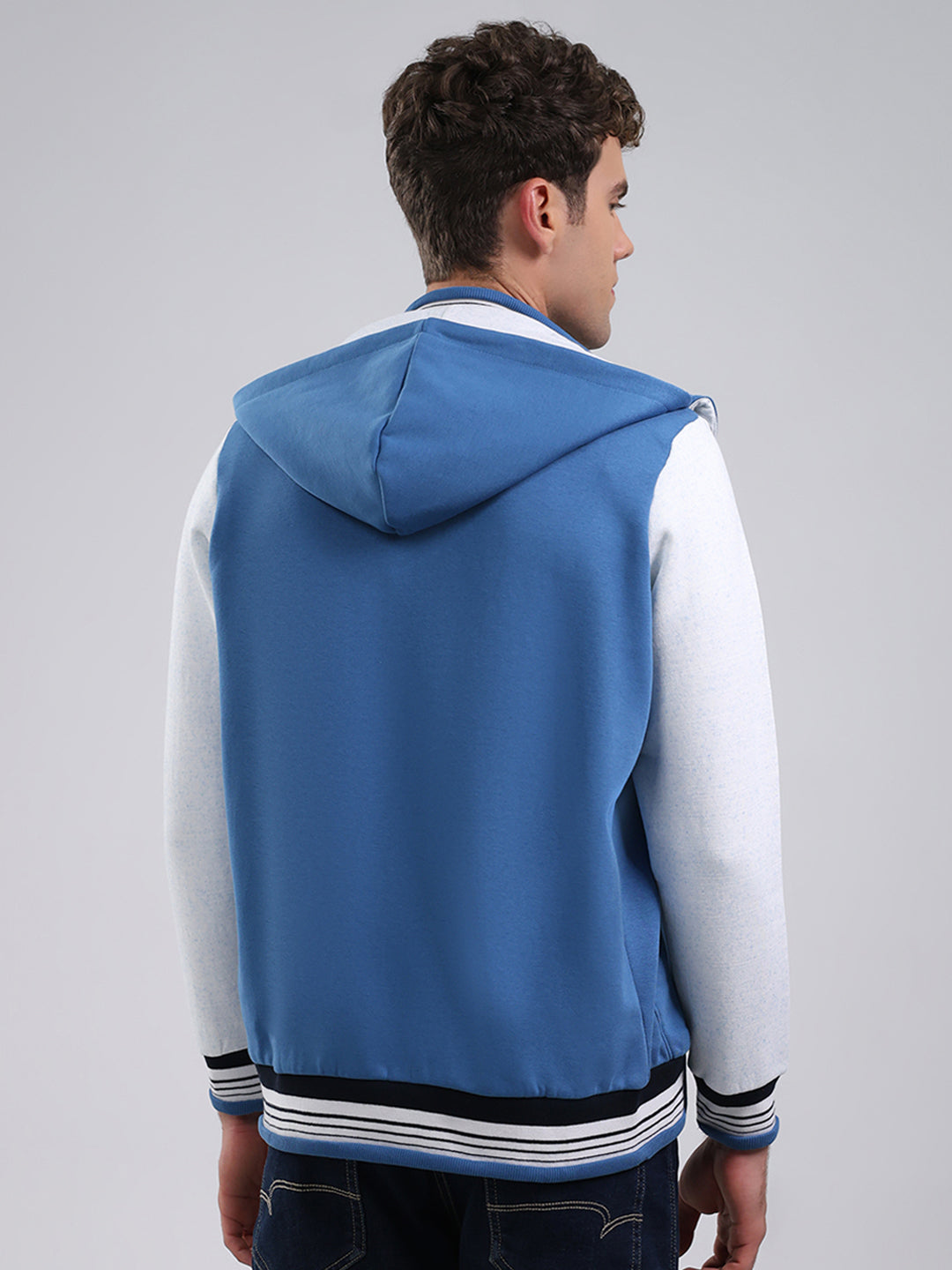 Men Blue Embroidered Hooded Full Sleeve Sweatshirt