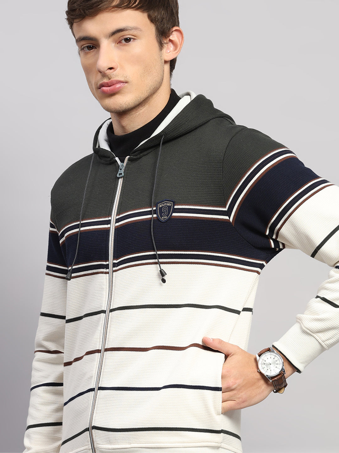 Men Olive Solid Hooded Full Sleeve Sweatshirt