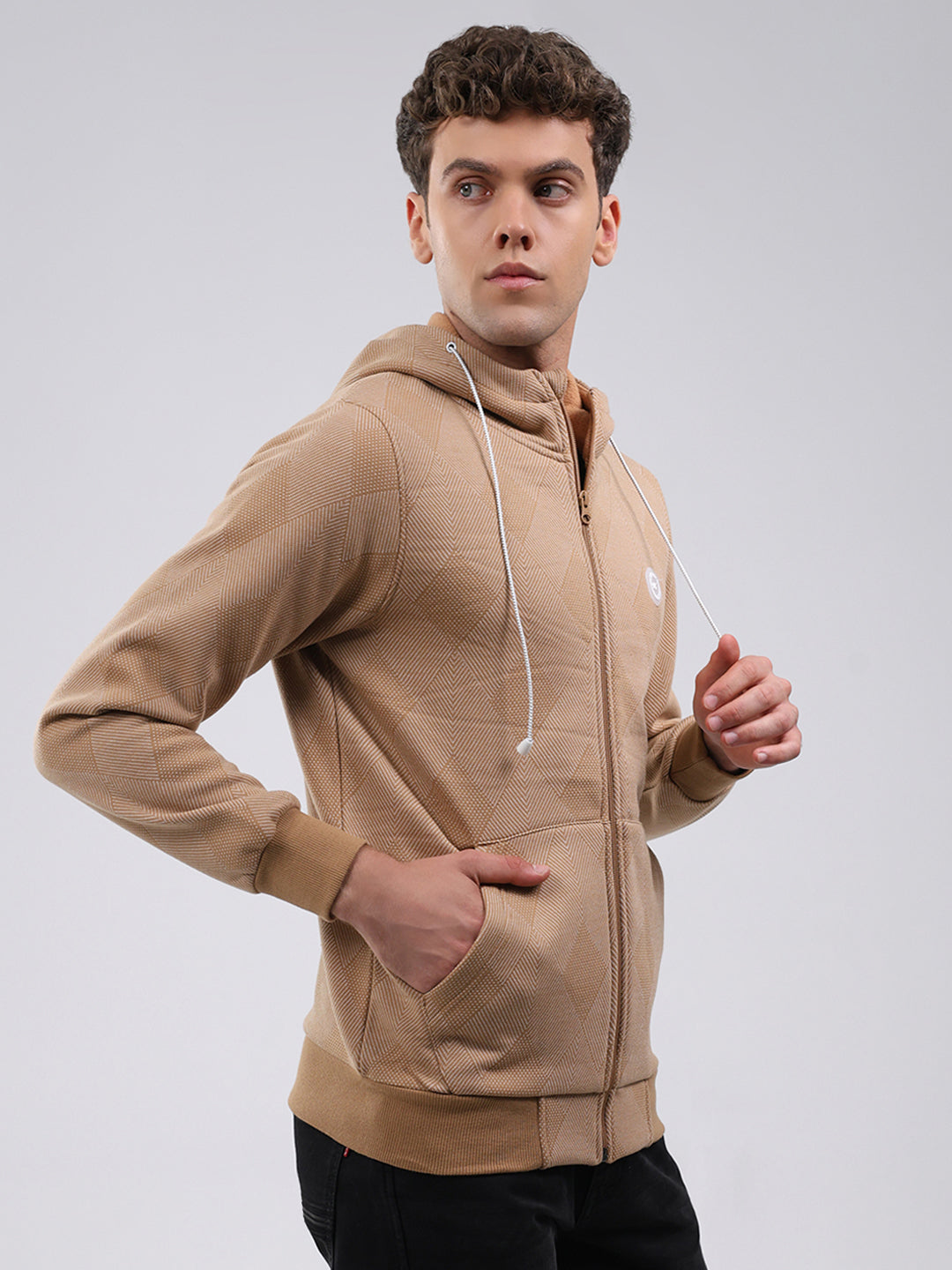 Men Tan Solid Hooded Full Sleeve Sweatshirt