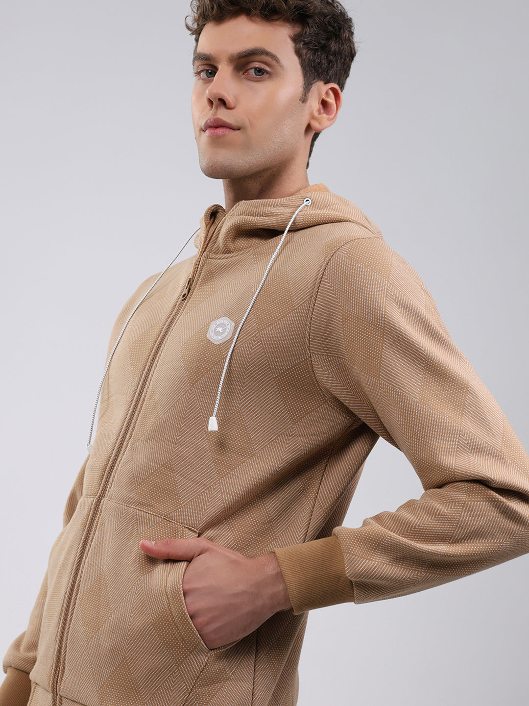 Men Tan Solid Hooded Full Sleeve Sweatshirt