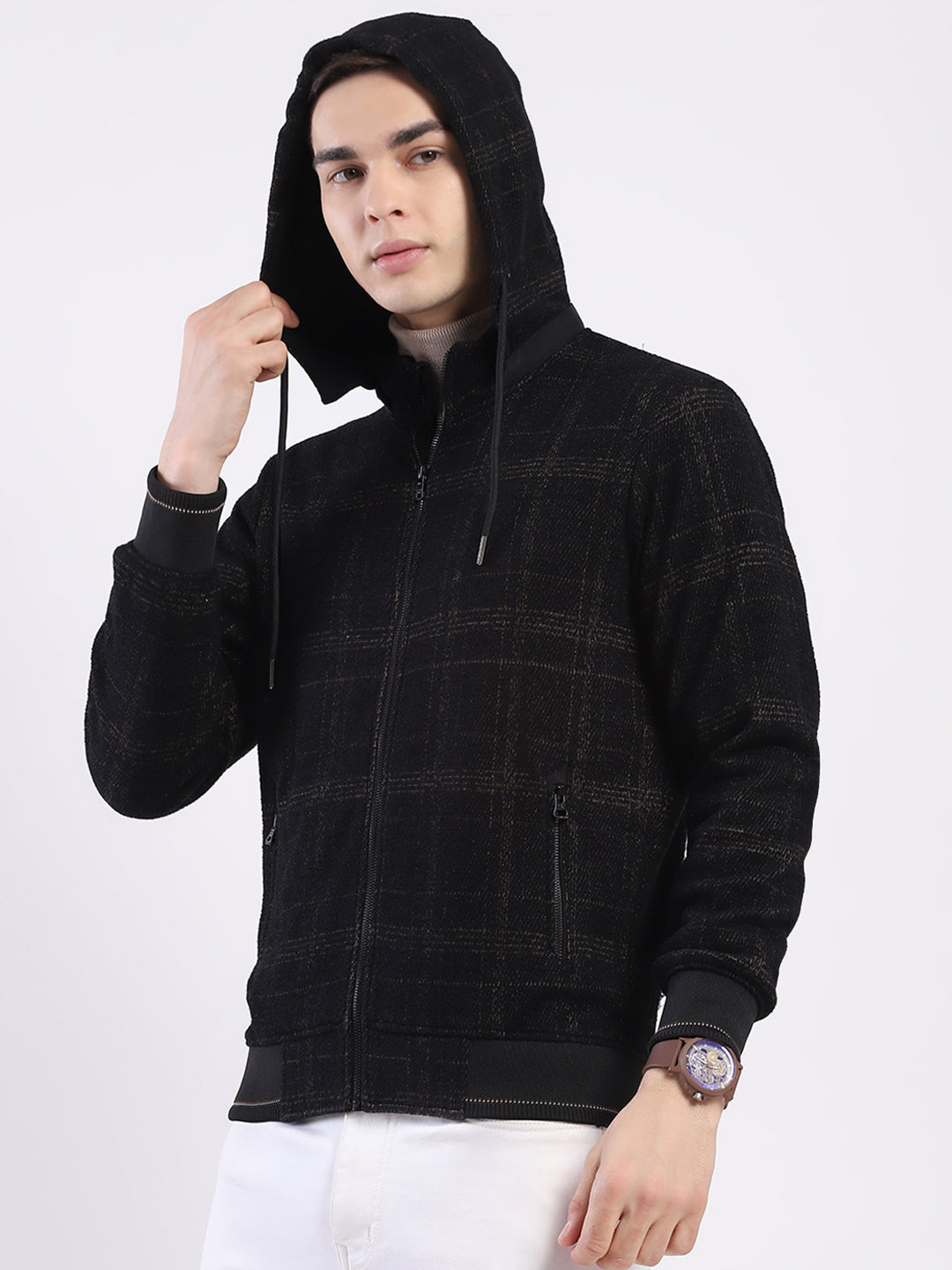 Men Brown Printed Hooded Full Sleeve Sweatshirt