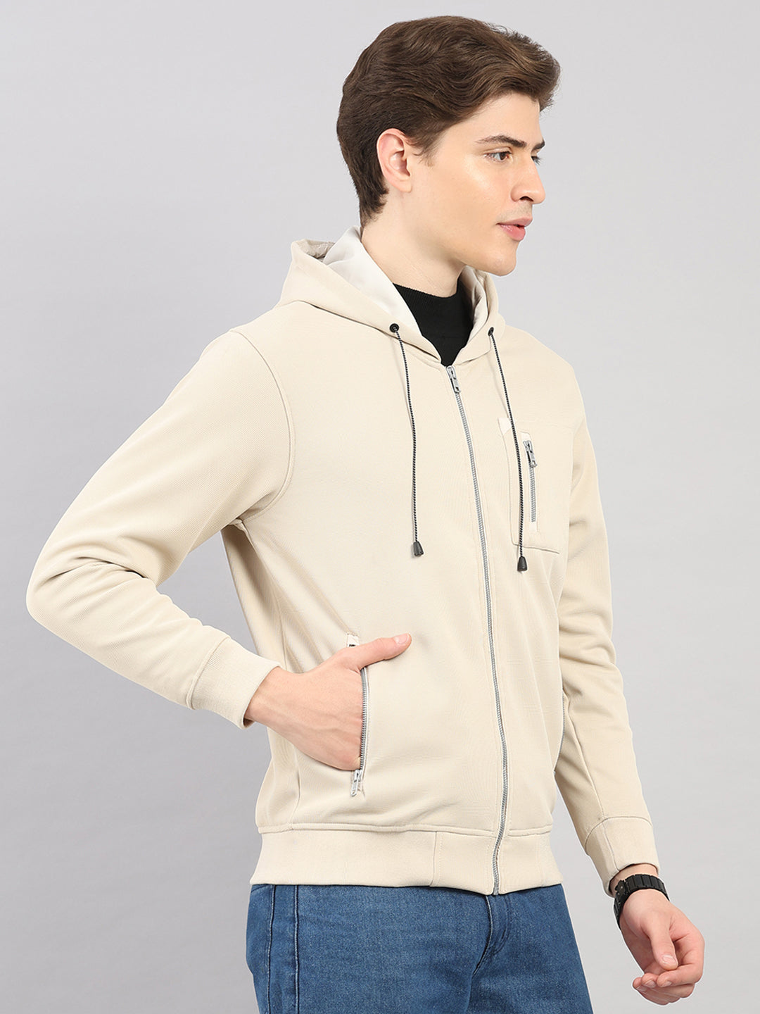 Men Beige Self Design Hooded Full Sleeve Sweatshirt