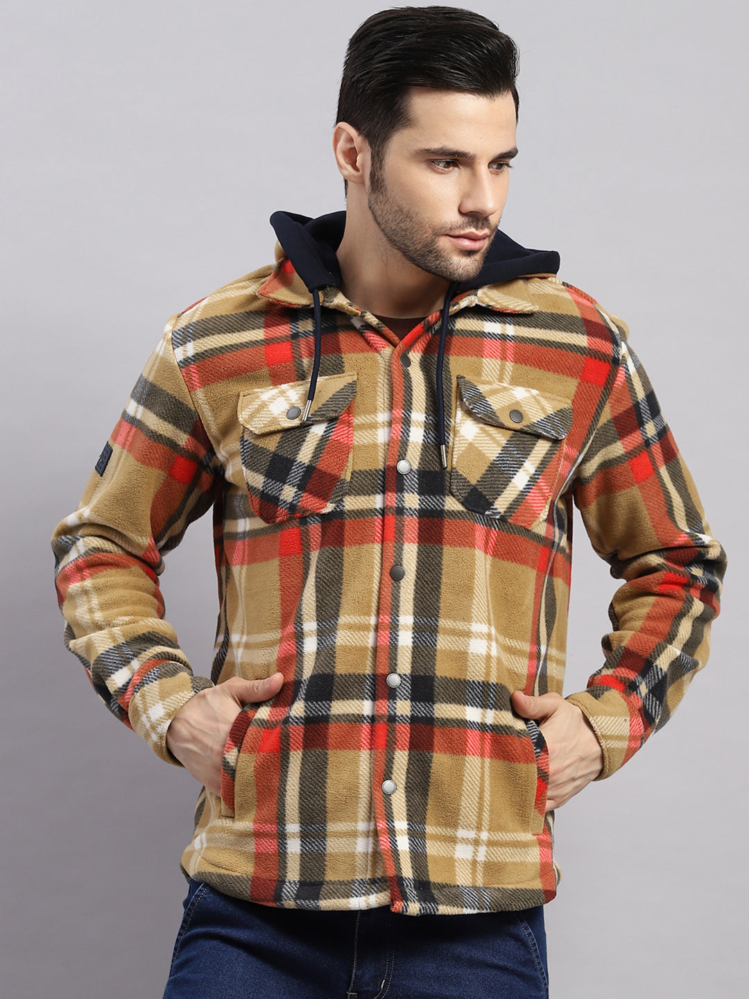 Men Khaki Self Design Hooded Extra-Warm Full Sleeve Shacket