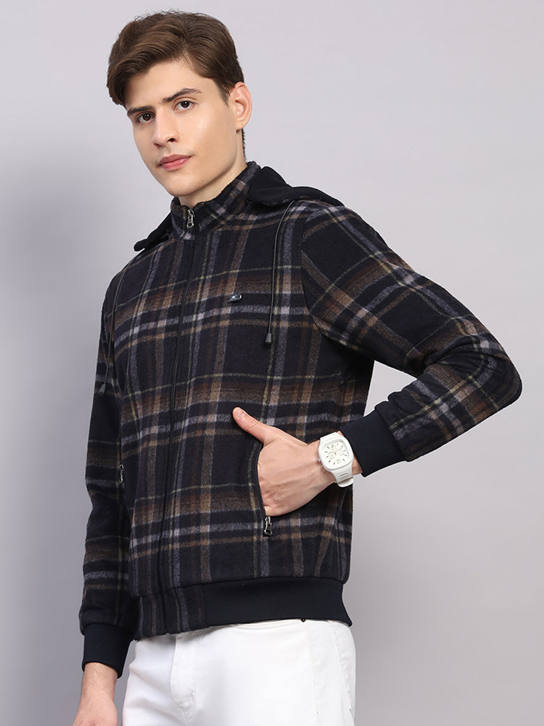 Men Blue Solid Hooded Full Sleeve Jacket