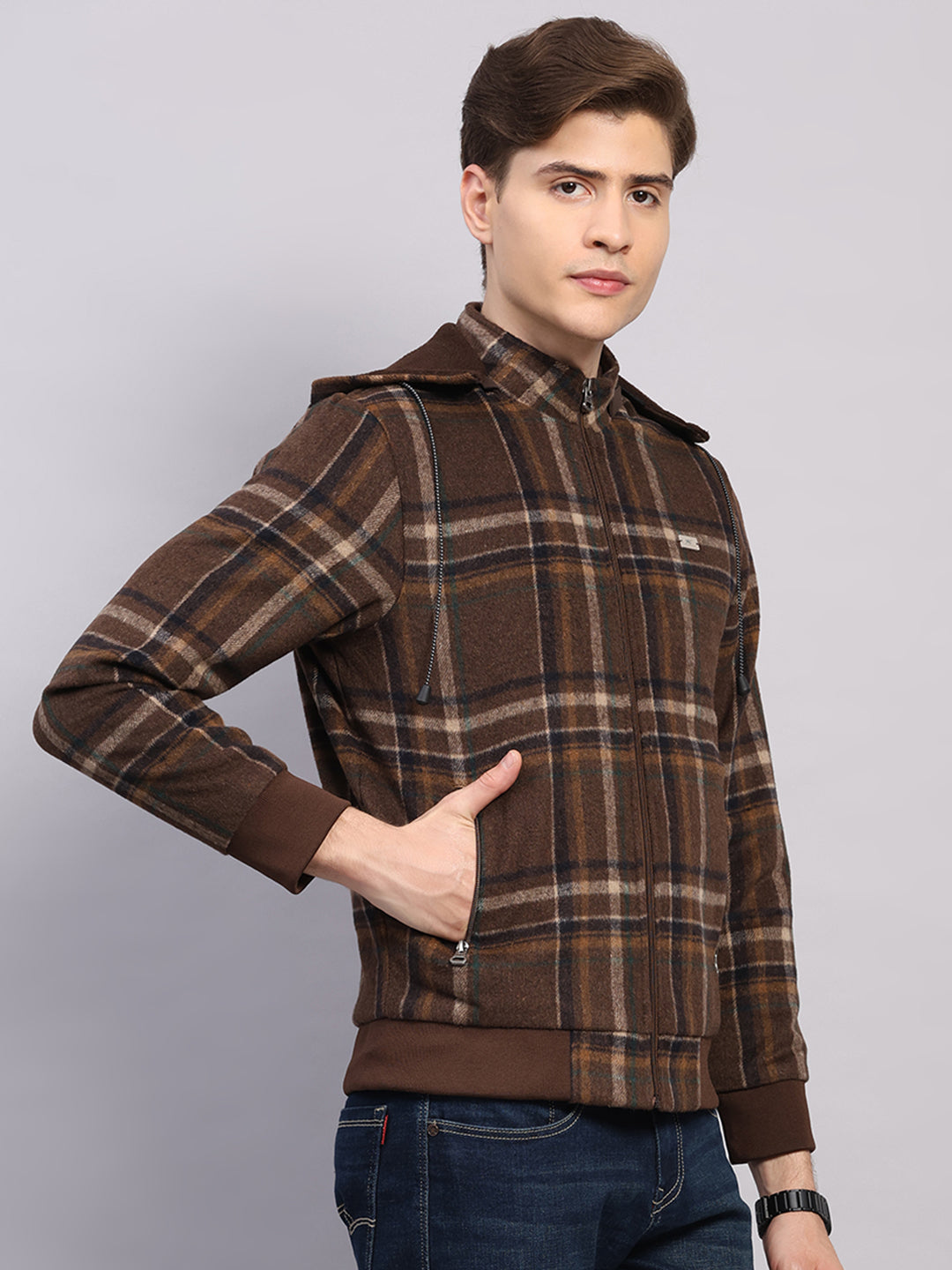 Men Brown Solid Hooded Full Sleeve Jacket