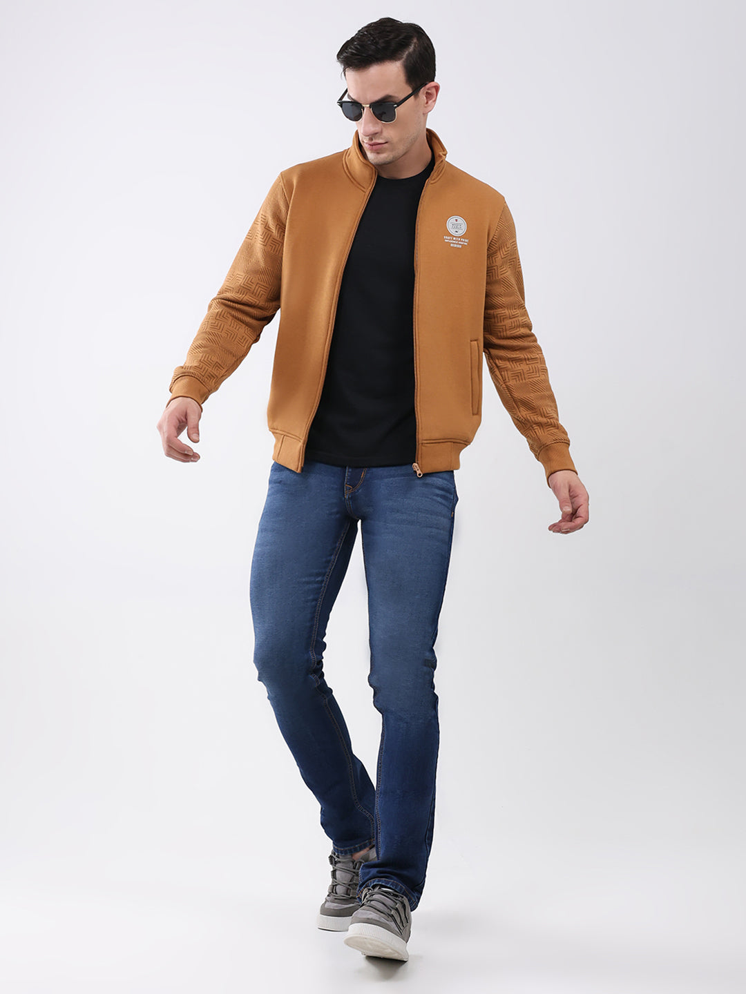 Men Brown Solid Mock Neck Full Sleeve Sweatshirt